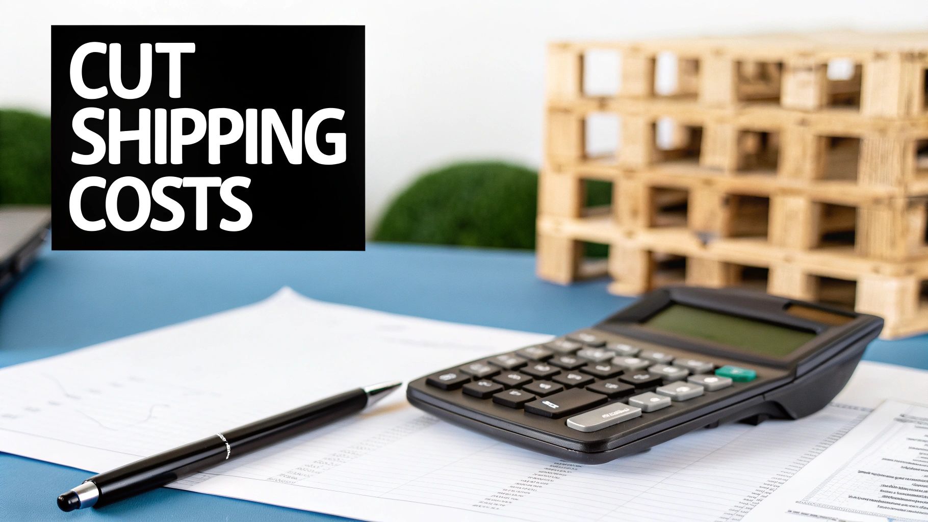 A desk setup with a calculator, pen, papers, mini pallets, and text 'CUT SHIPPING COSTS'.