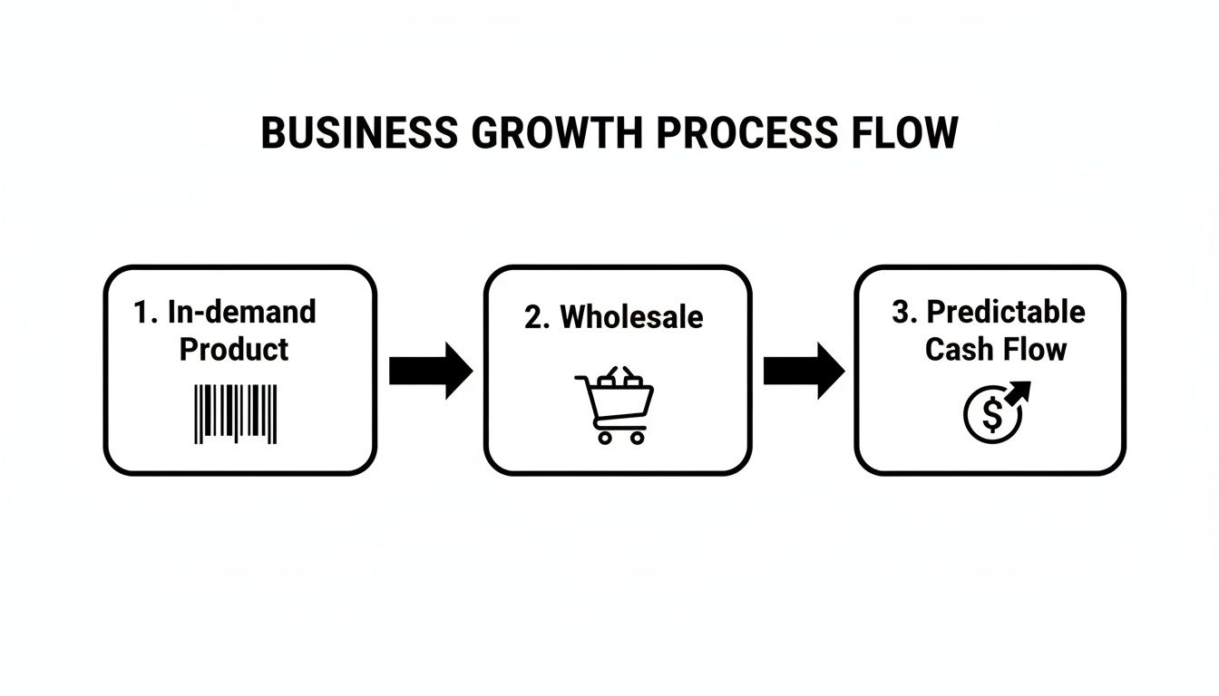 Diagram illustrating the business growth process from in-demand product to wholesale and predictable cash flow.