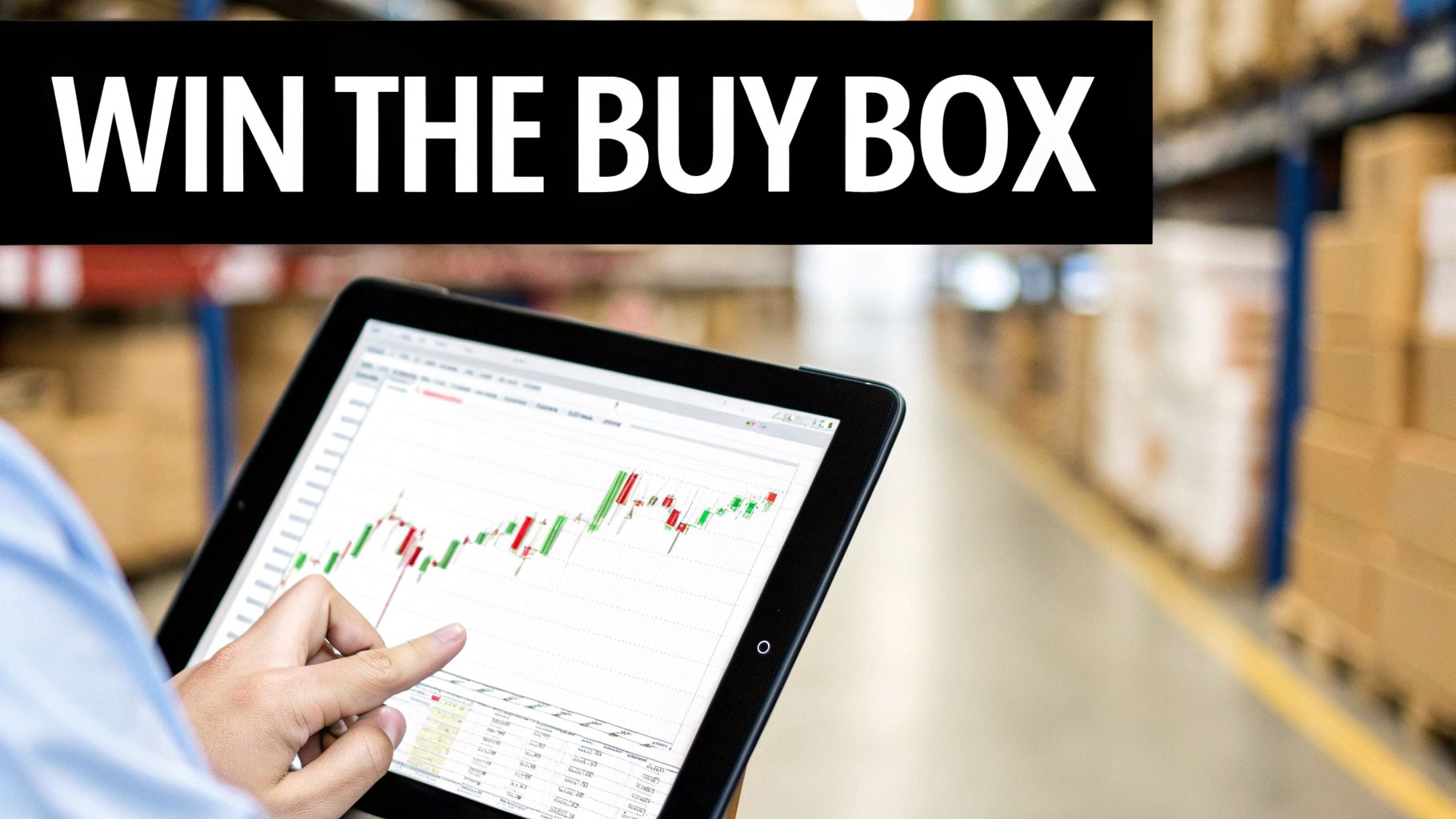 Person analyzing financial charts on a tablet in a warehouse, promoting 'WIN THE BUY BOX' for e-commerce.