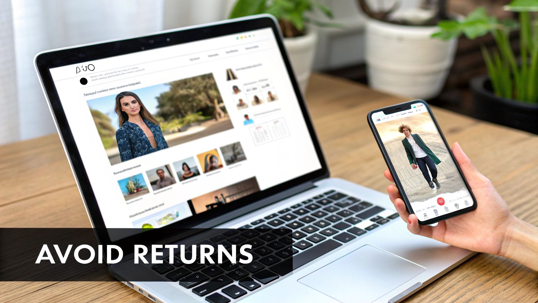 A laptop and smartphone displaying fashion content, emphasizing ways to avoid product returns in e-commerce.