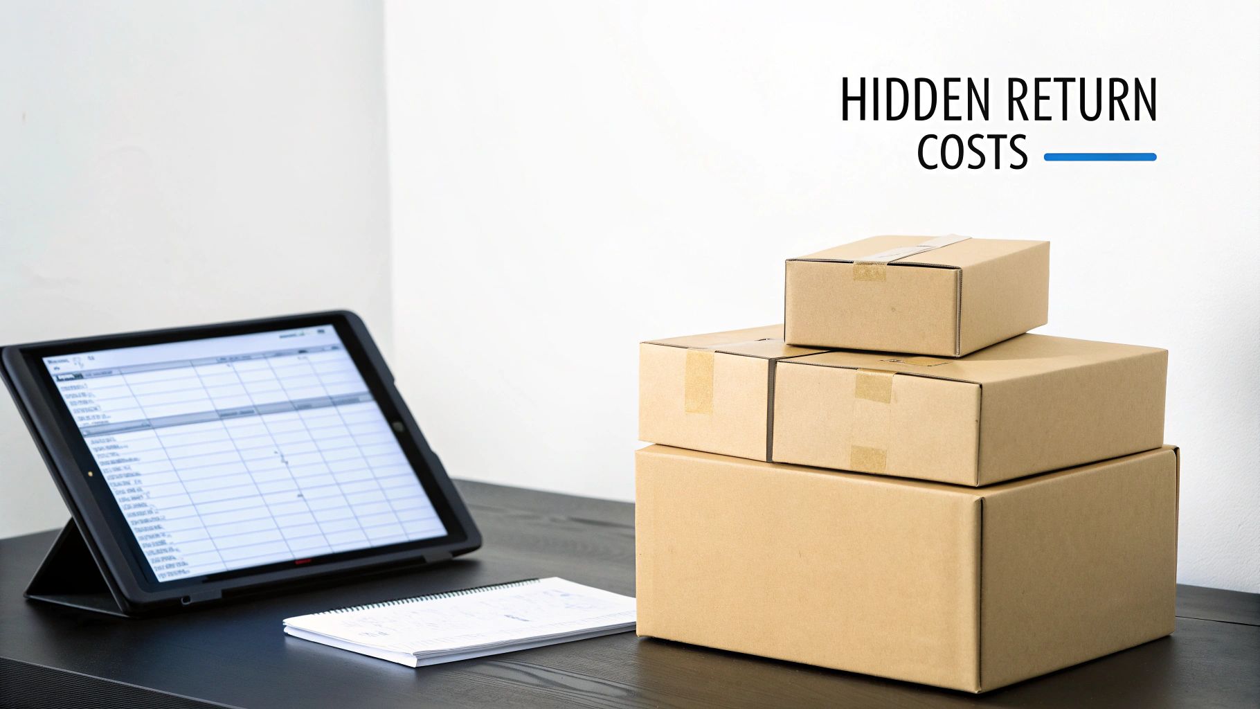 Tablet with spreadsheet, notebook, and stacked shipping boxes on a desk, with 'Hidden Return Costs' text.
