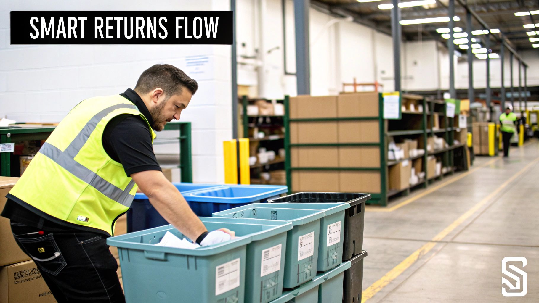 A logistics worker in a high-visibility vest sorts products into bins in a warehouse.