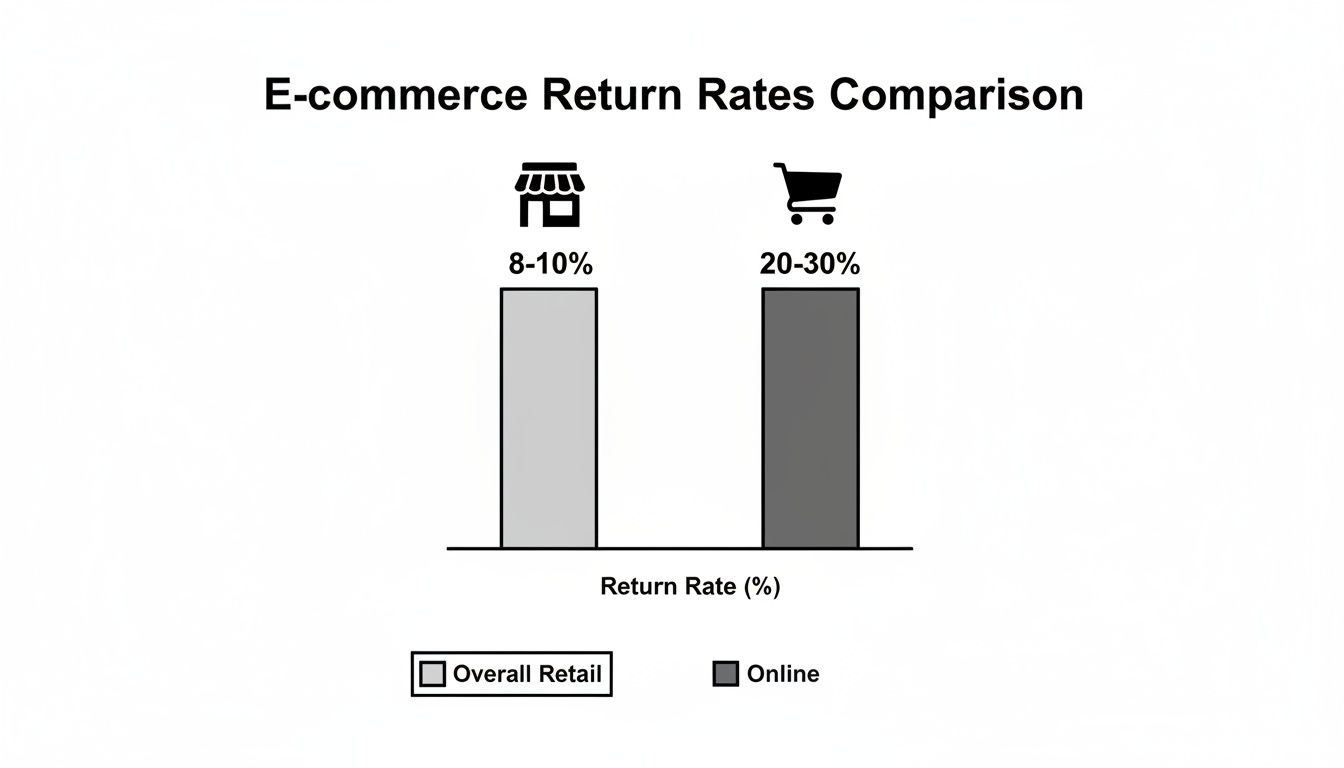 Bar chart comparing e-commerce return rates: overall retail is 8-10%, while online is 20-30%.