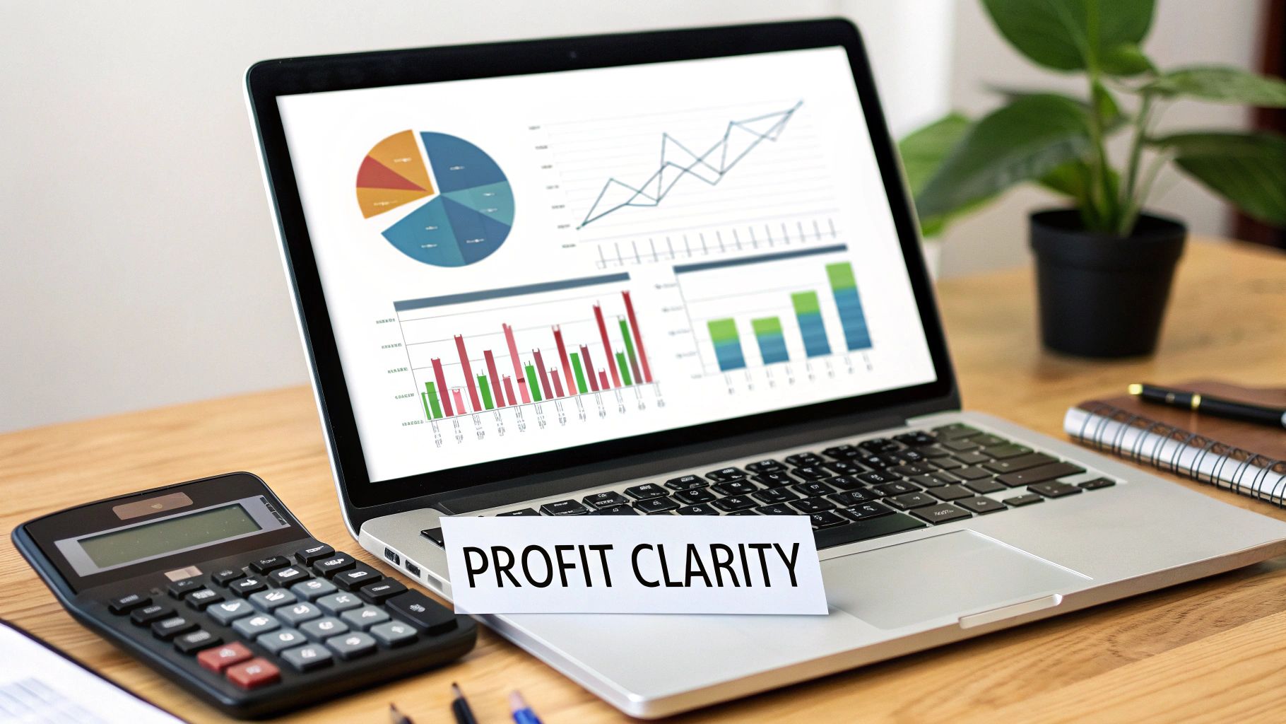 Laptop displaying financial charts with a calculator and a 'PROFIT CLARITY' sign on the keyboard.