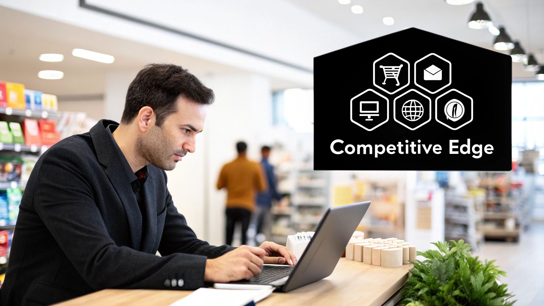 A focused man uses a laptop in a modern store, with a "Competitive Edge" graphic overlay.