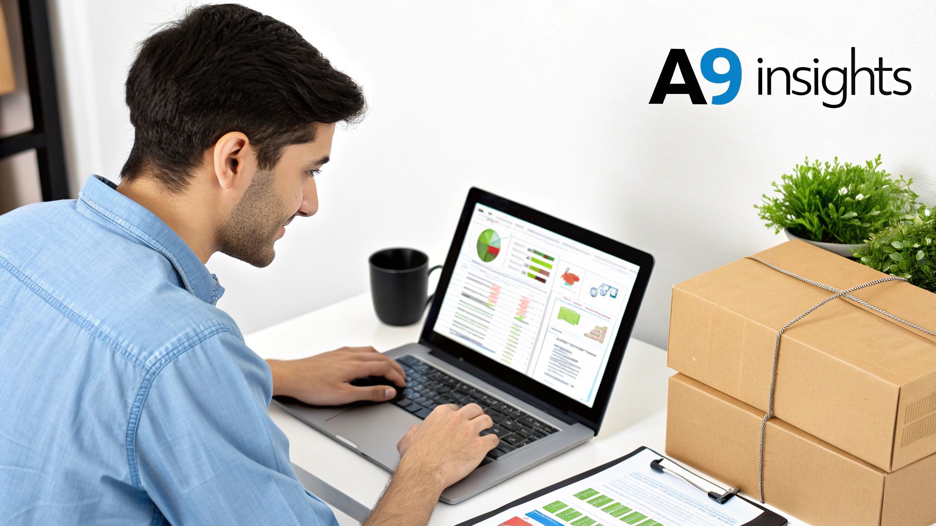 Young man analyzes e-commerce data on a laptop, with shipping boxes and a plant nearby.