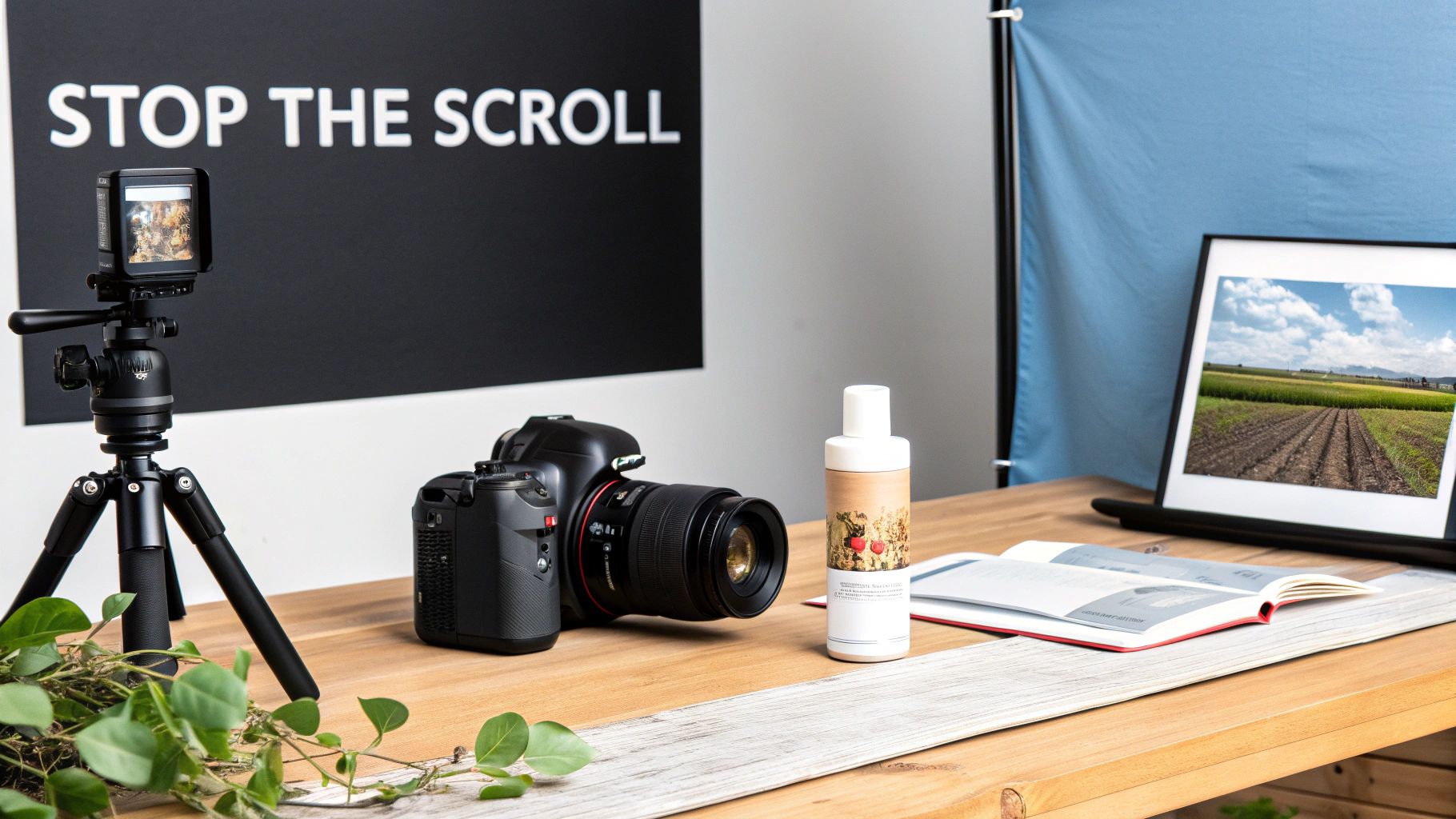 A product photography setup with a camera on a tripod, product bottle, and framed landscape on a wooden desk.