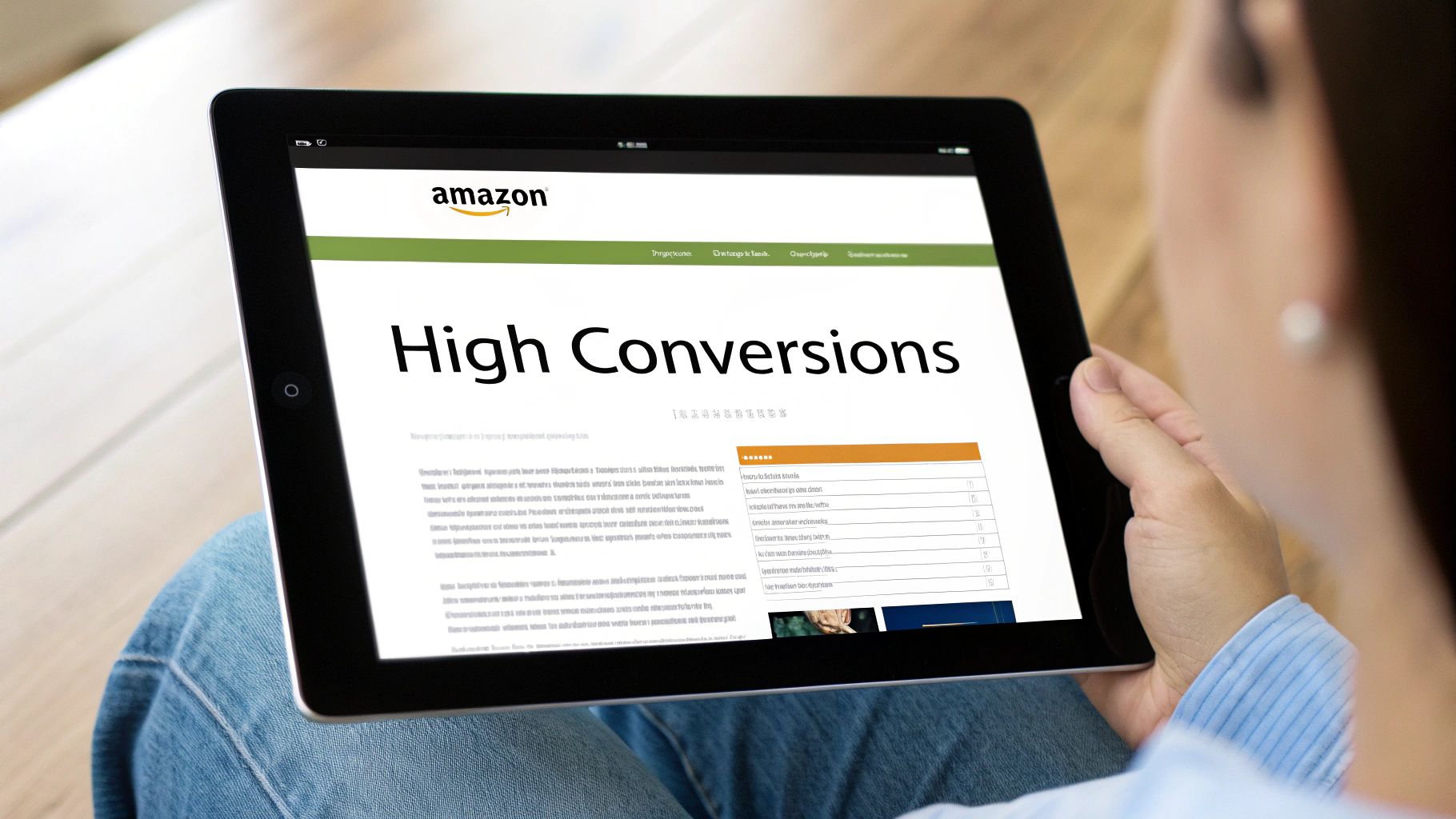 A person holds a tablet showing an Amazon webpage with the prominent title 'High Conversions.'