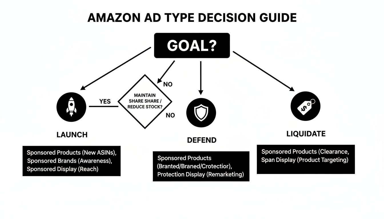 A flowchart titled 'Amazon Ad Type Decision Guide' outlining ad types based on goals: Launch, Defend, or Liquidate.