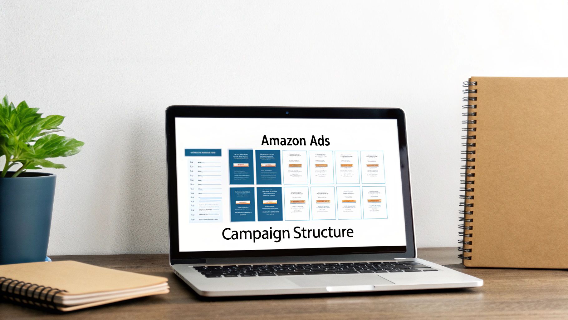 Laptop screen displaying an Amazon Ads campaign structure presentation with diagrams, surrounded by a plant and notebooks.