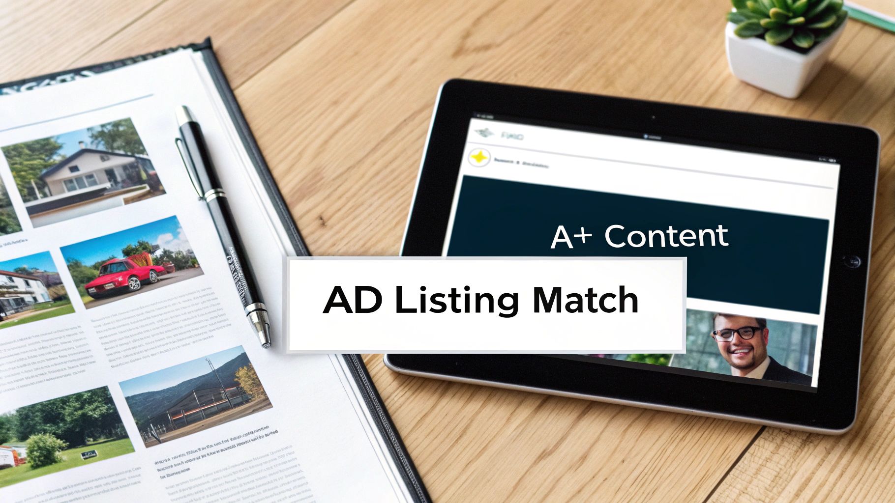 Overhead view of a wooden desk with a binder, pen, and tablet displaying 'A+ Content' and 'AD Listing Match'.