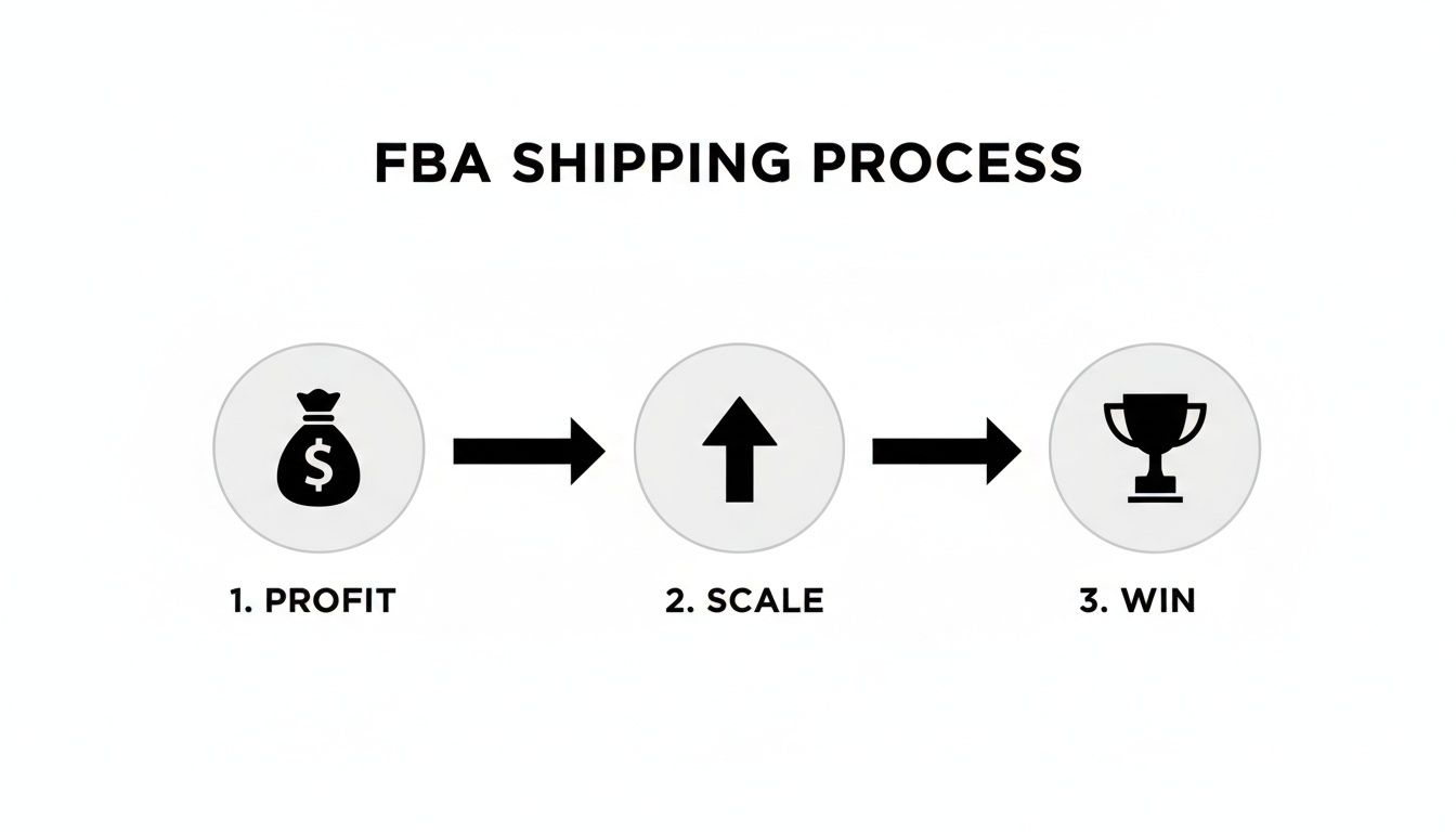 Infographic showing the FBA shipping process: from profit generation to scaling and ultimate success.