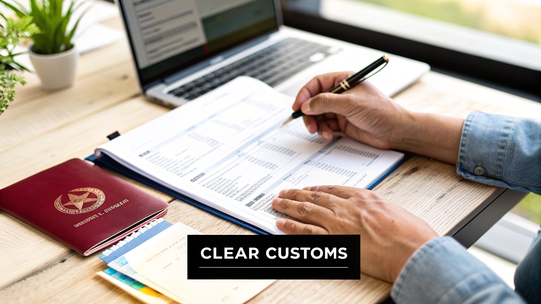Close-up of hands filling out customs documents with a passport and laptop nearby.