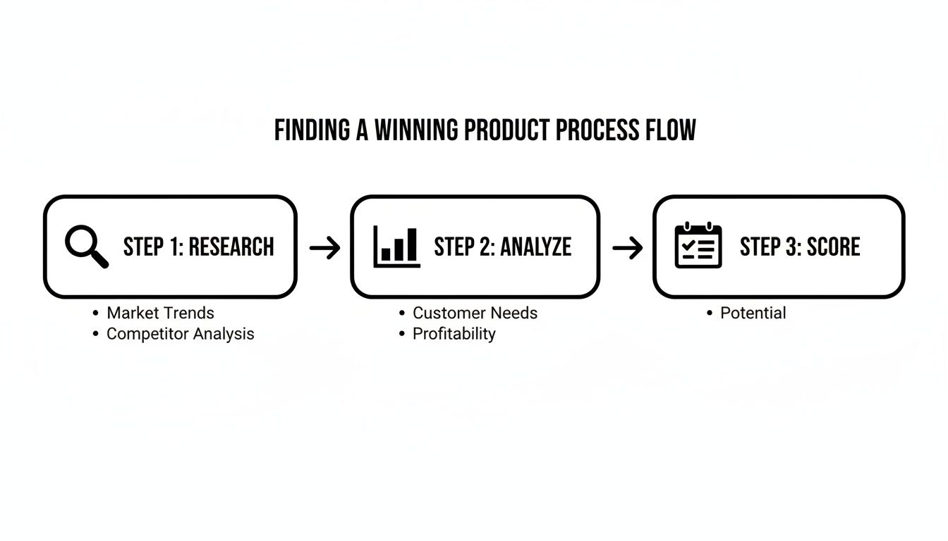 A process flow diagram illustrating three steps to finding a winning product: research, analyze, and score.