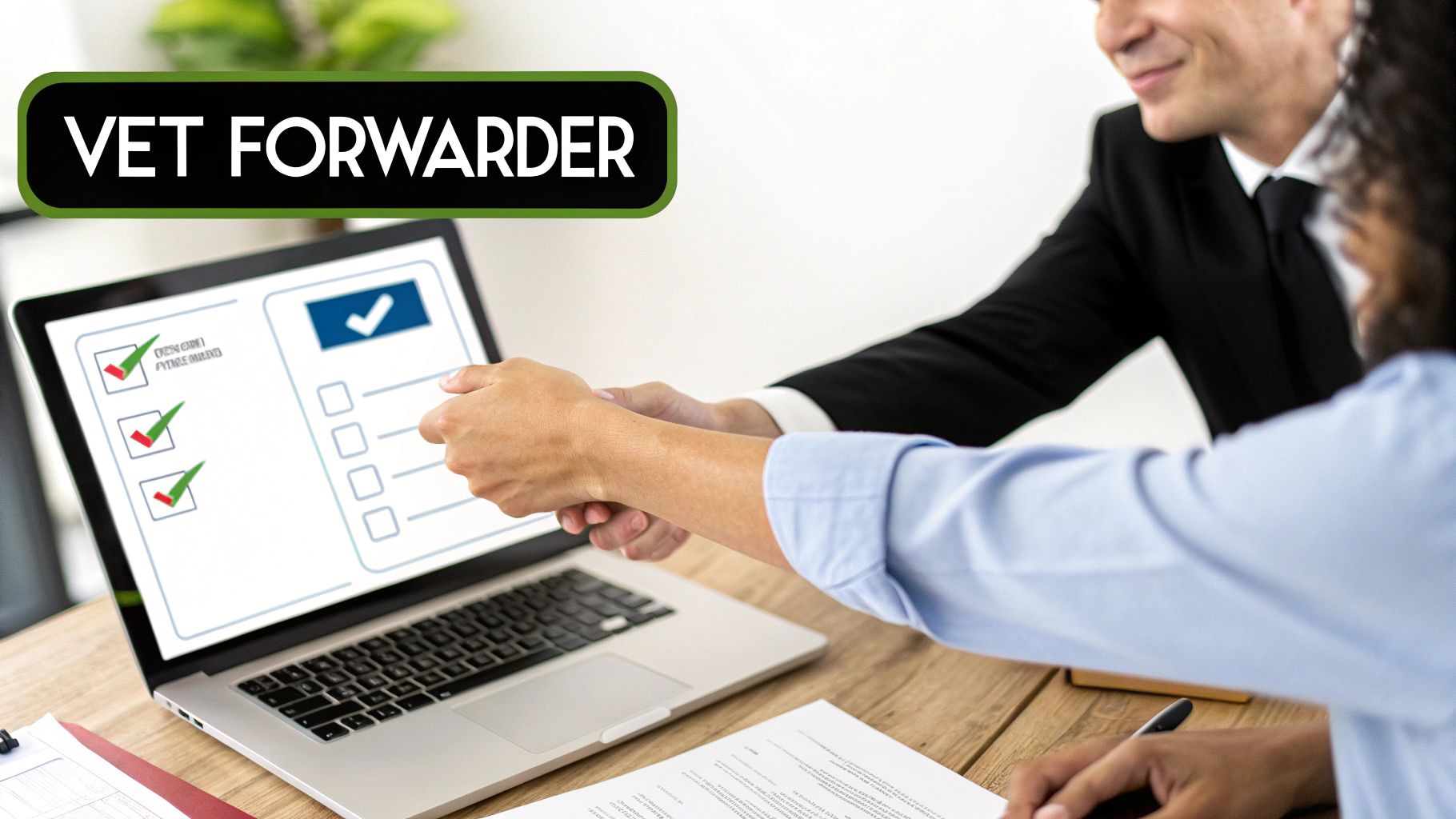 Two people shake hands over a laptop displaying a checklist, with "VET FORWARDER" text.