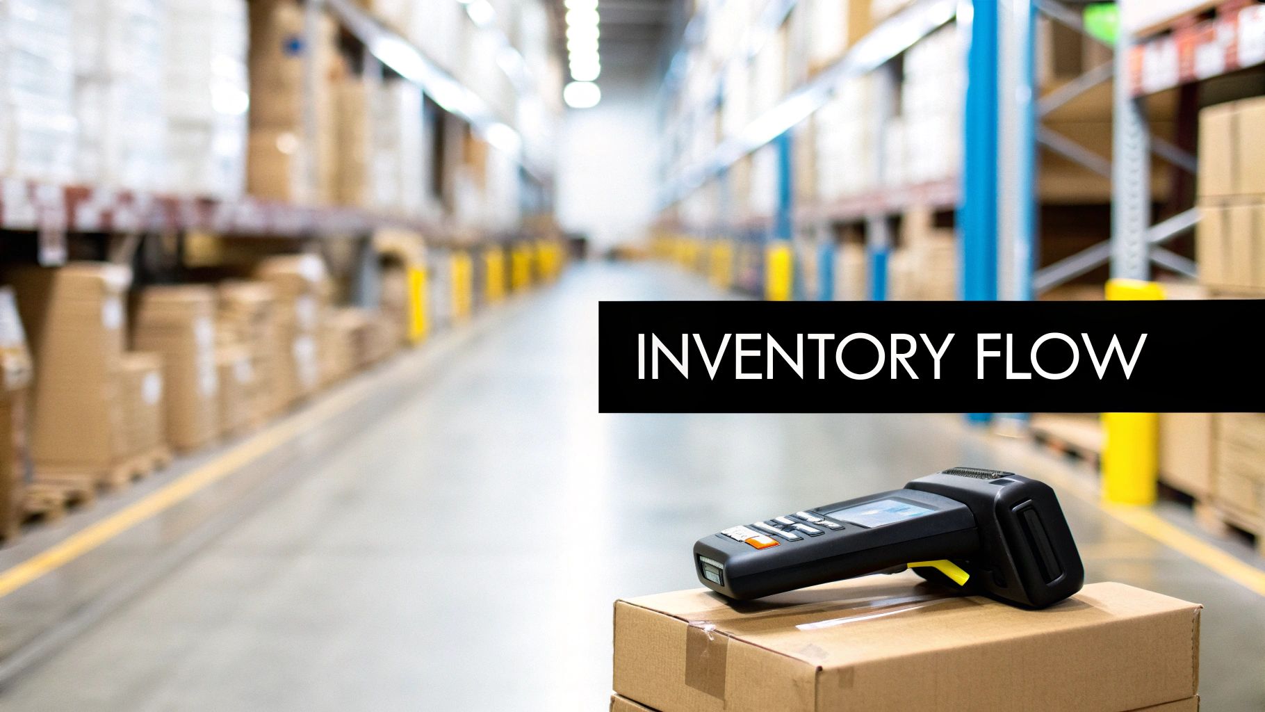A barcode scanner on a box in a large warehouse aisle with shelves of inventory, illustrating inventory flow.