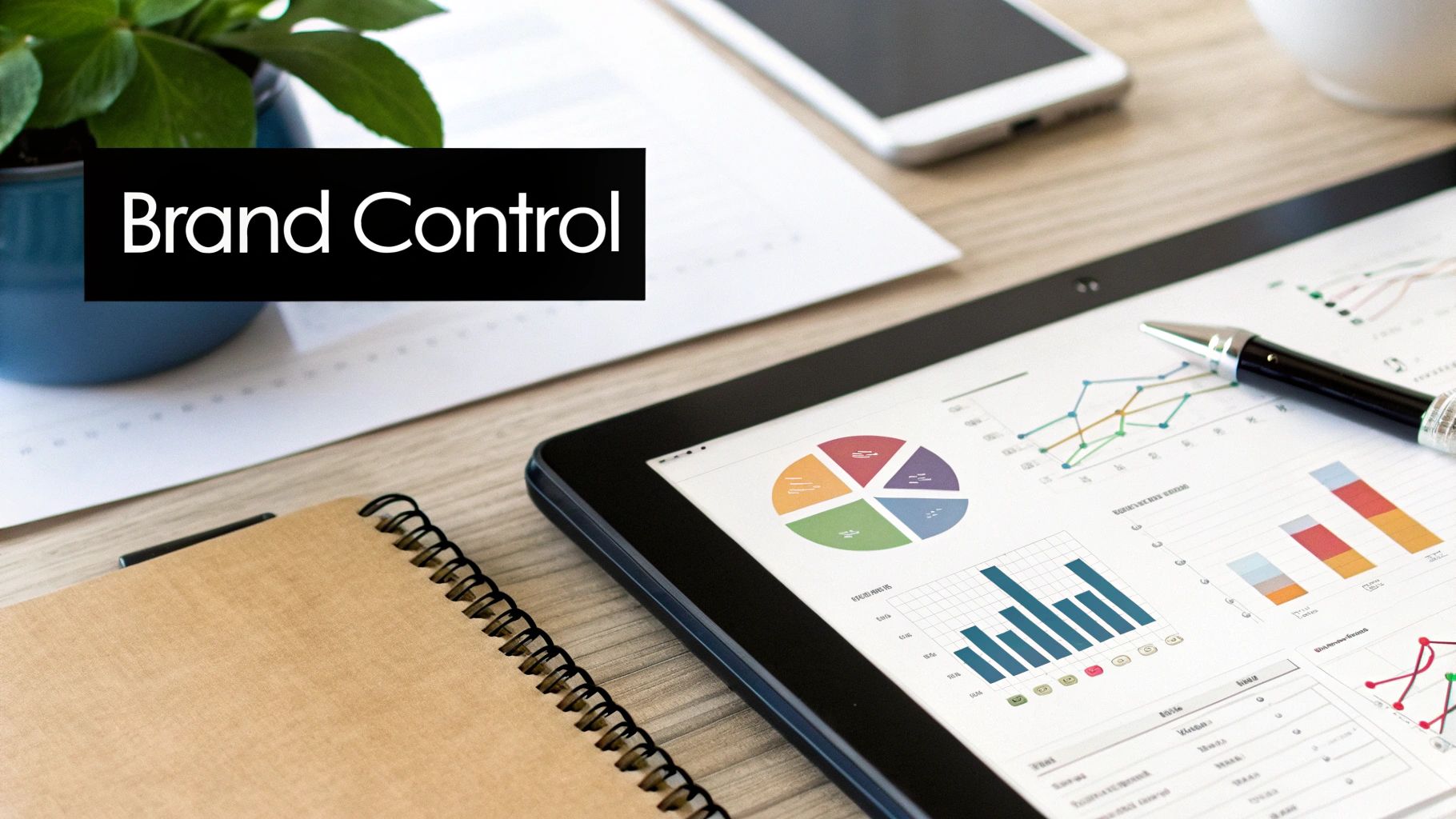 A desk with a tablet showing charts, a pen, and a notebook, with 'Brand Control' text overlay.