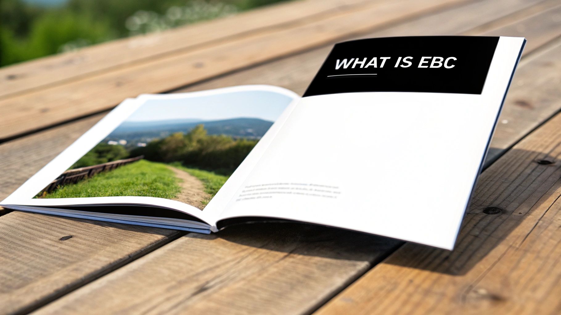 An open magazine lies on a rustic wooden table, displaying a scenic path photo and 'WHAT IS EBC' title page.