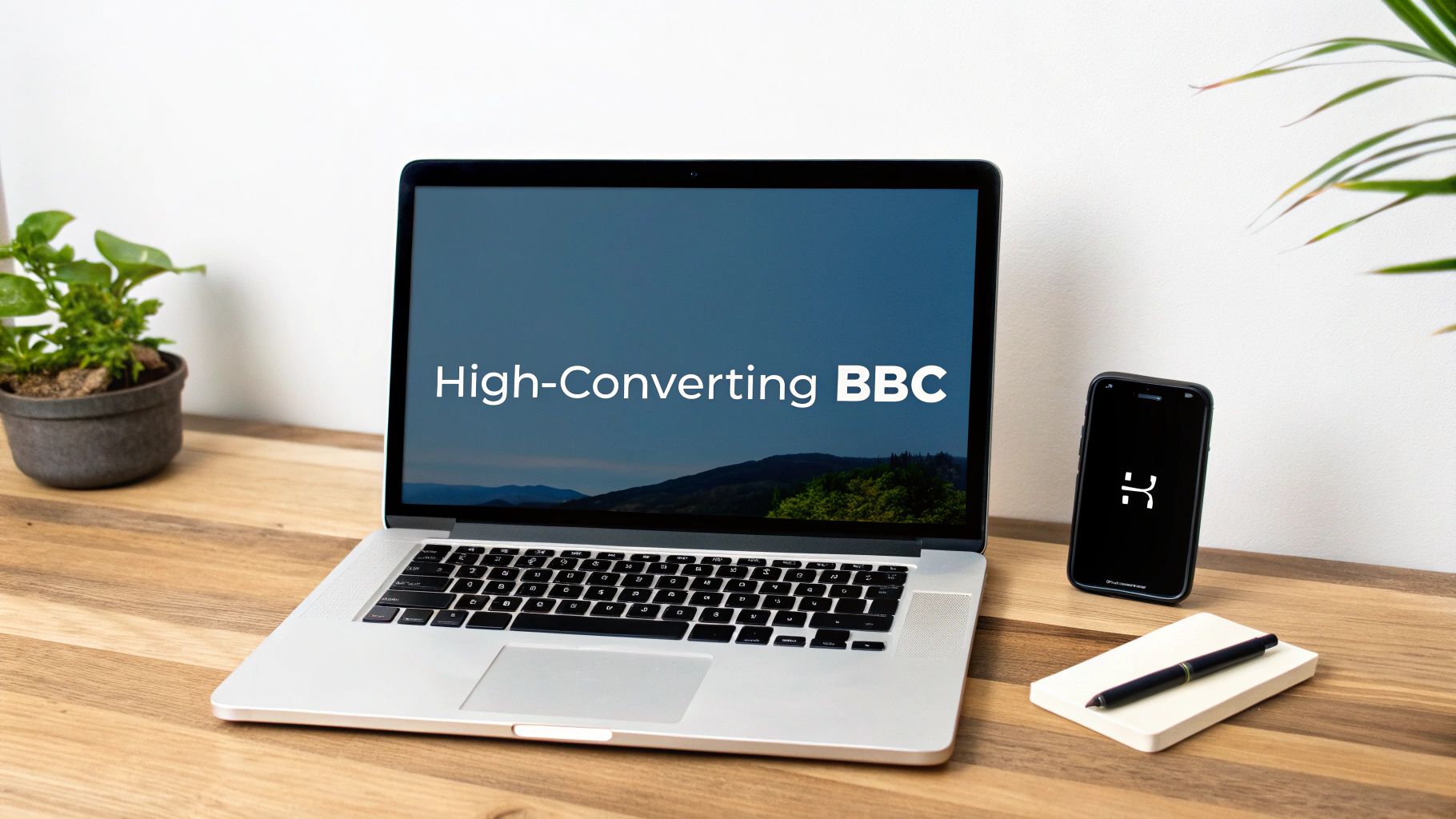 A modern workspace with a laptop showing 'High-Converting BBC', a smartphone, a plant, and a notebook on a wooden desk.