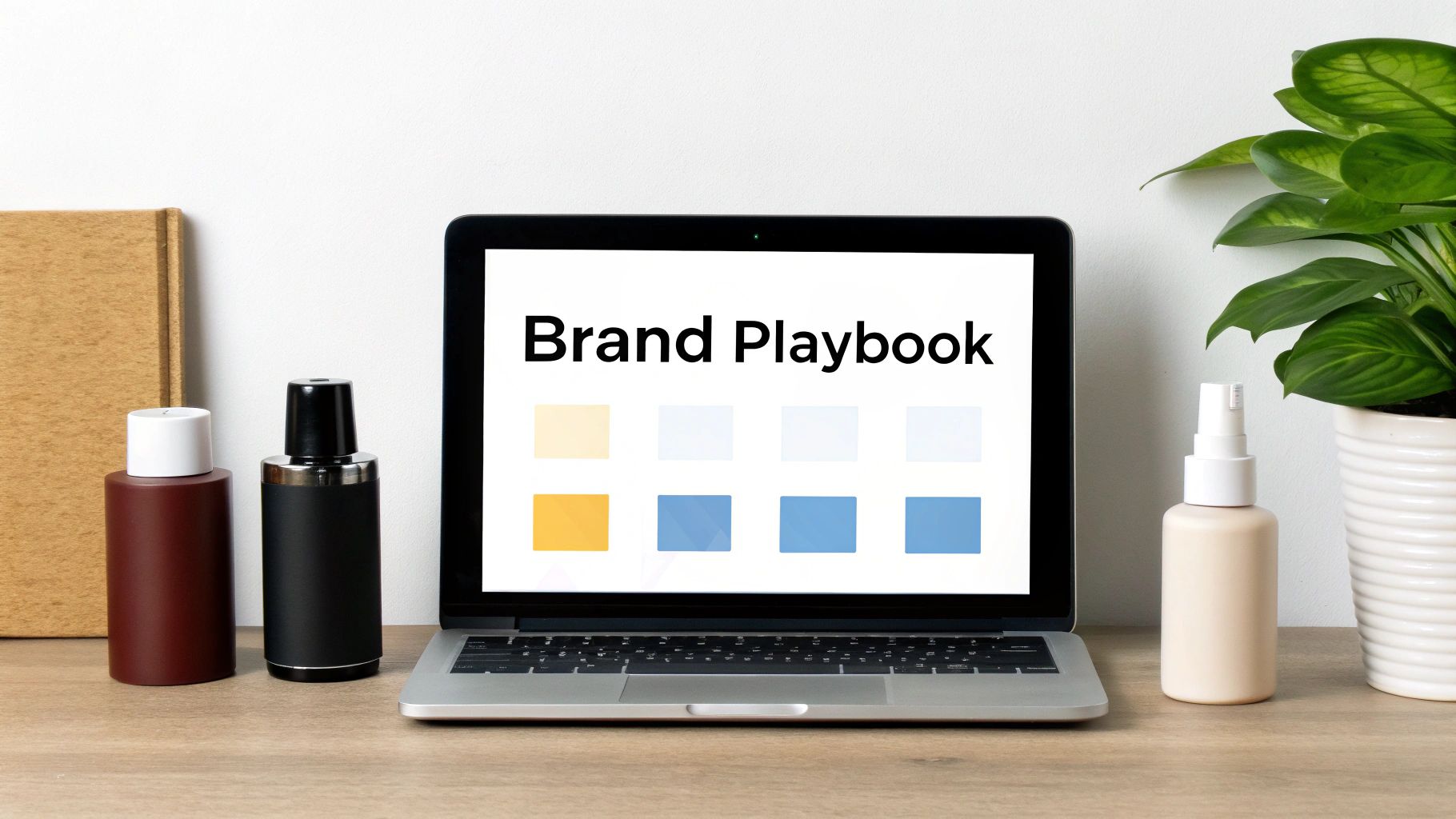 A laptop displays 'Brand Playbook' and color palettes on a wooden desk with bottles and a plant.