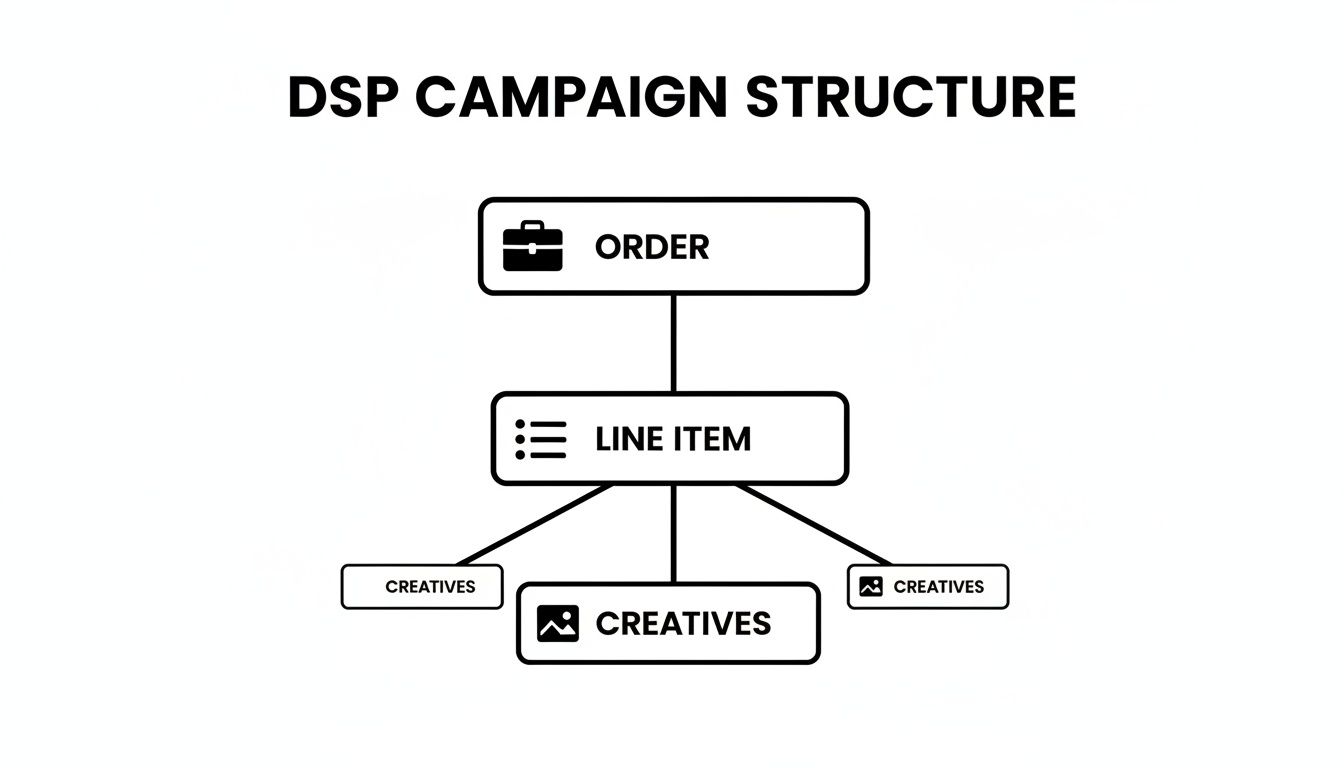 A hierarchical diagram showing the DSP campaign structure, from Order to Line Item and multiple Creatives.