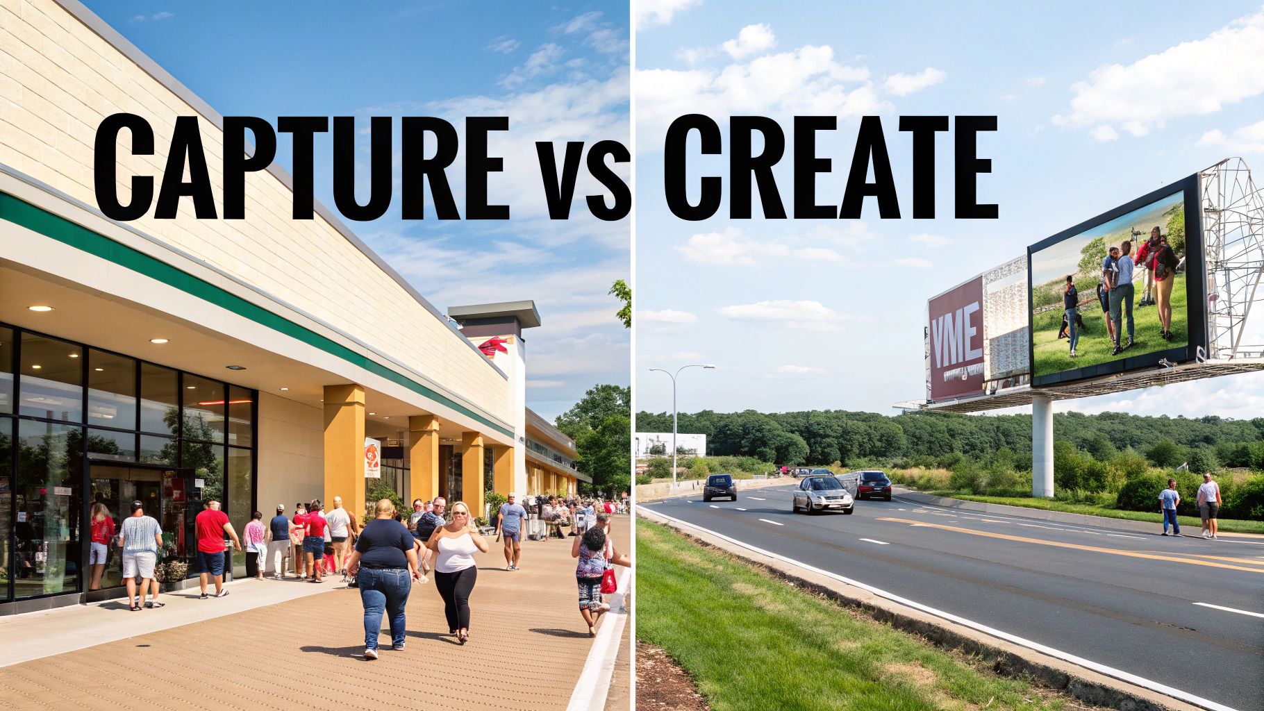 A split image shows 'CAPTURE' a busy shopping area and 'CREATE' a highway billboard with an advertisement.