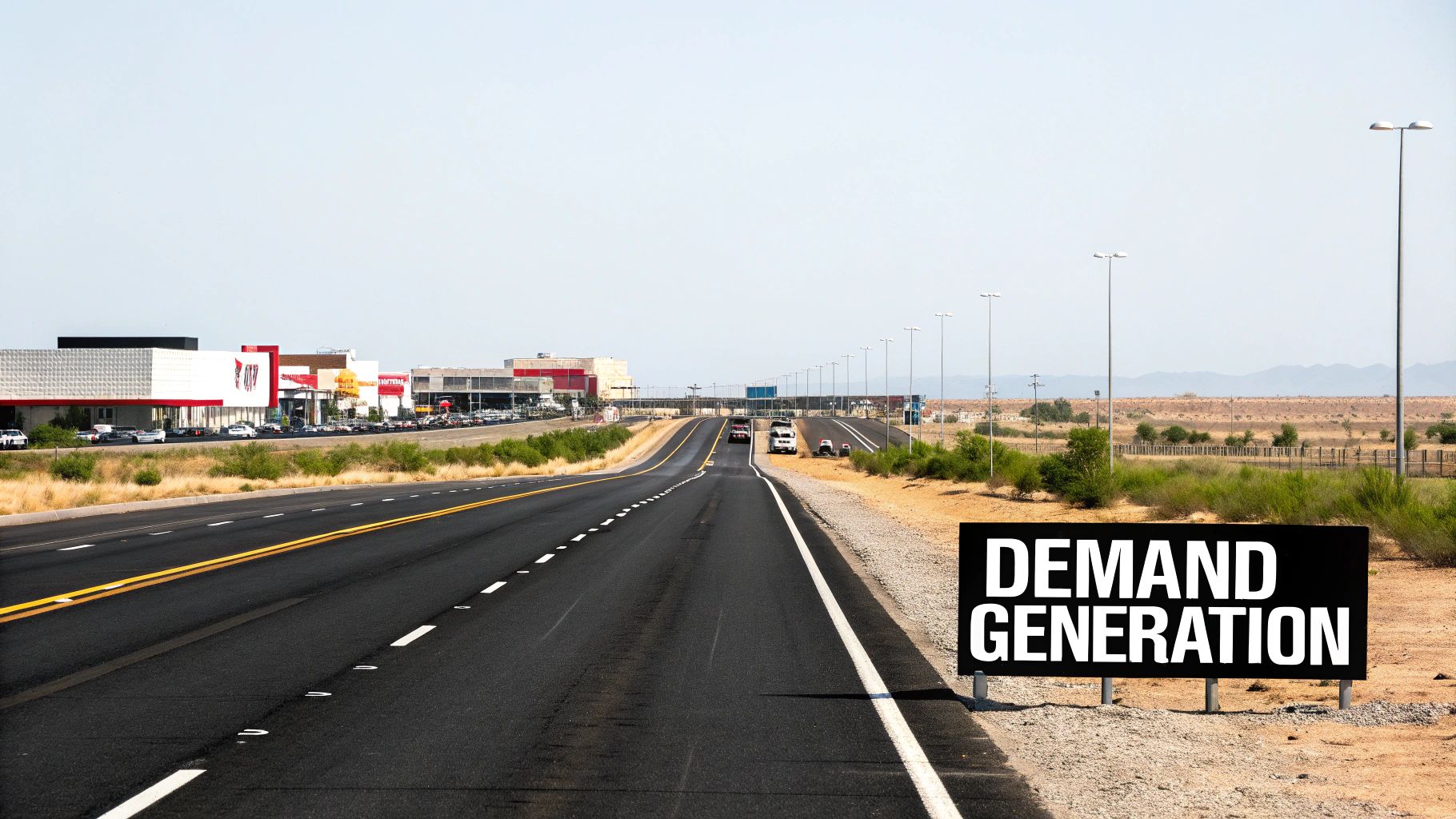A road extends into the distance, featuring a clear 'DEMAND GENERATION' sign in the foreground.