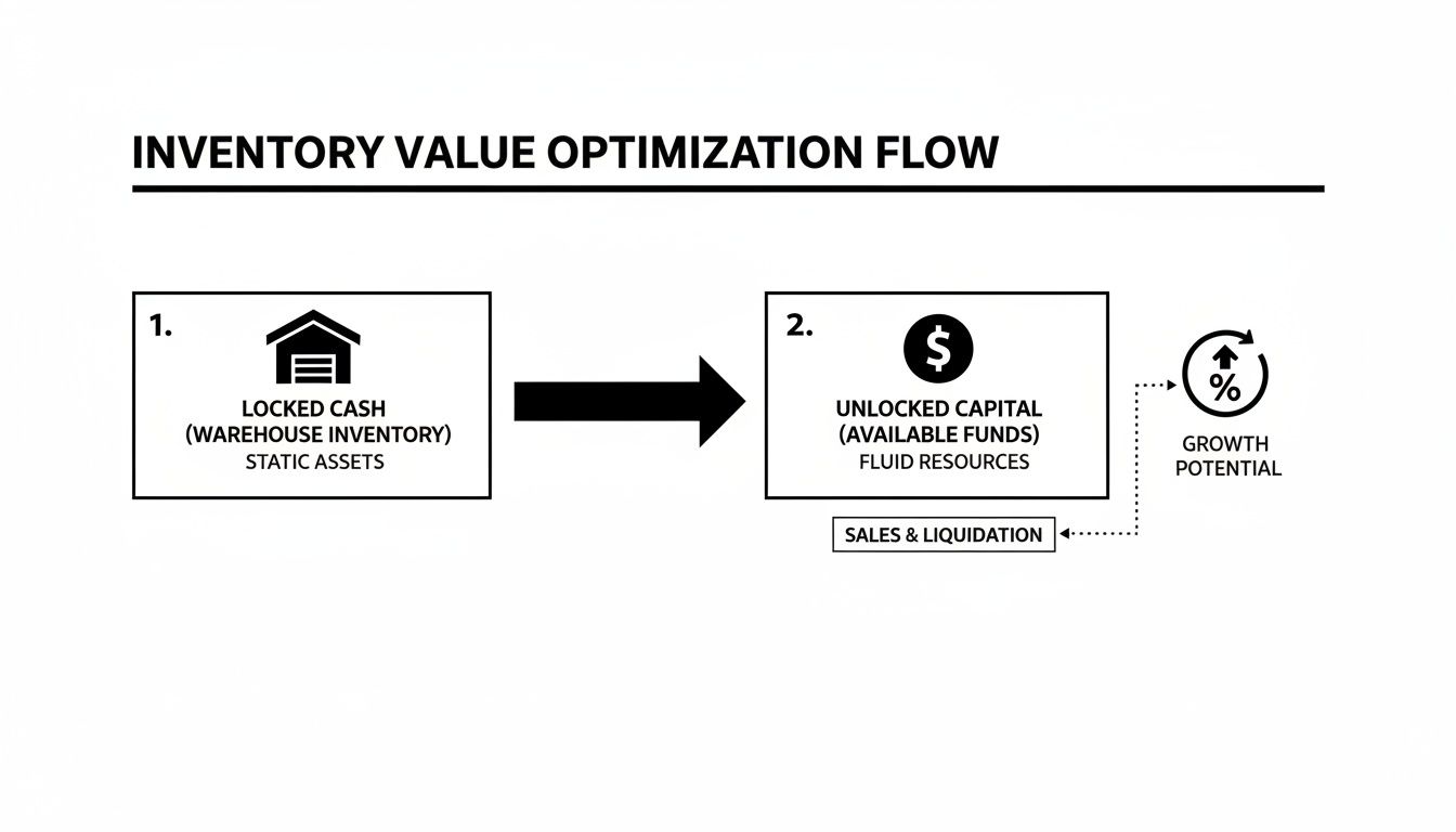 Diagram illustrating inventory value optimization, converting static warehouse inventory into fluid capital for growth potential.