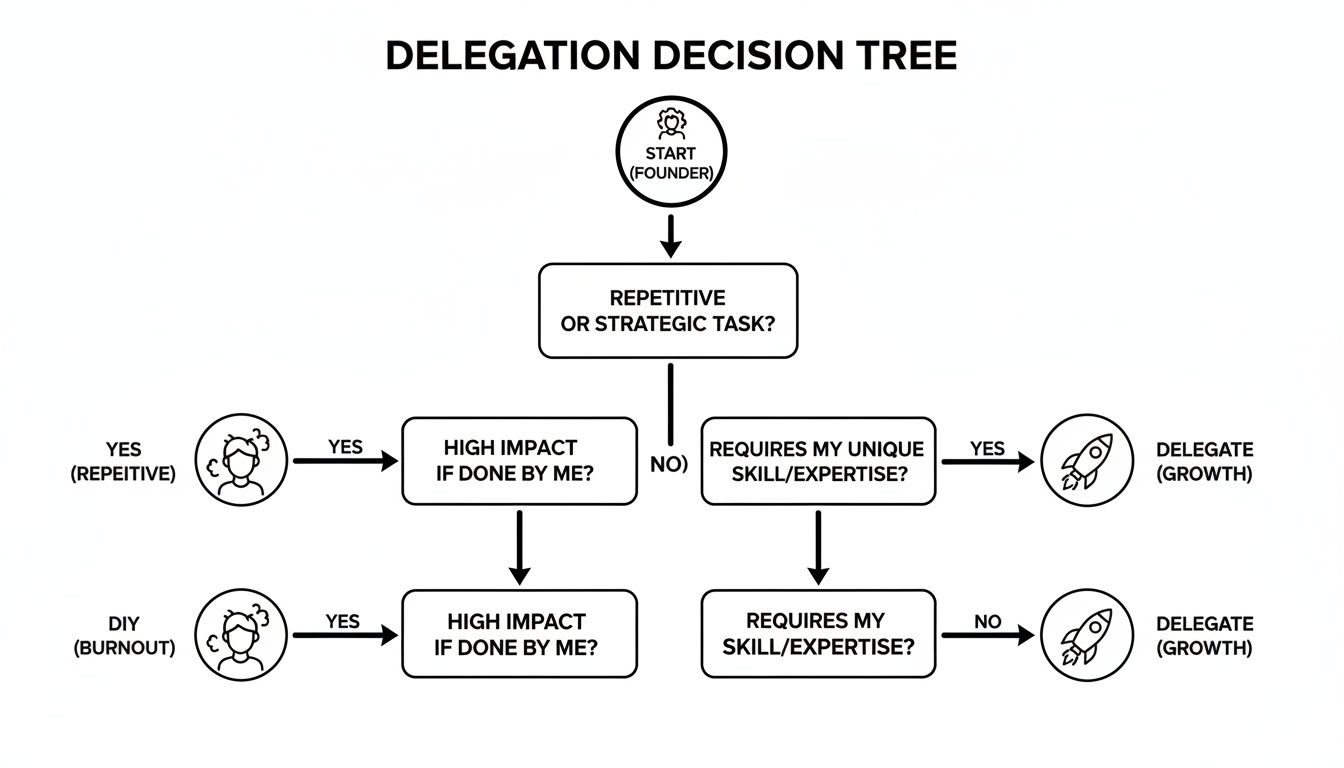 A delegation decision tree flowchart guides founders on deciding when to delegate tasks for growth.