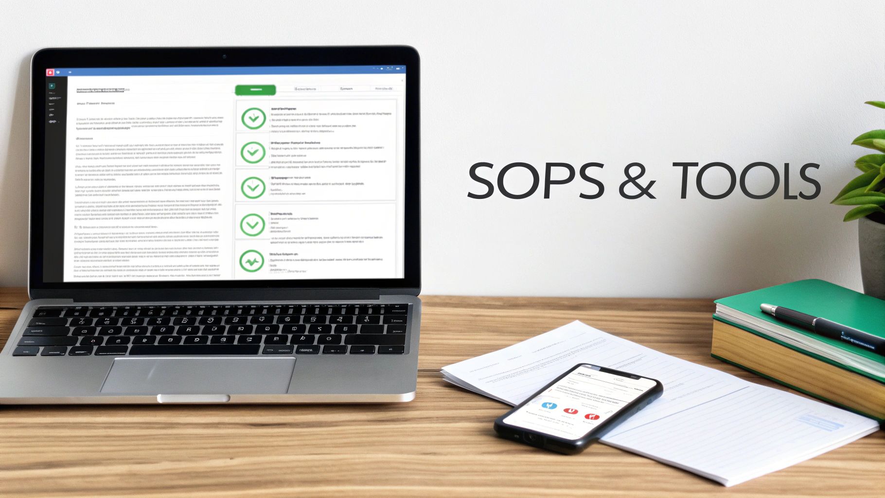 A laptop, smartphone, and notebook on a desk with 'SOPs & TOOLS' on the wall, showing digital and physical tools for tasks.