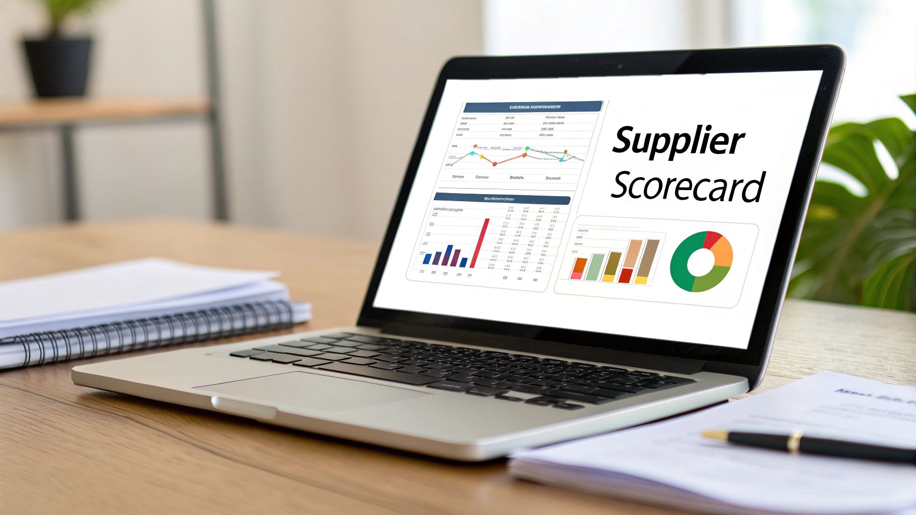 A laptop on a wooden desk displays a 'Supplier Scorecard' with various charts and data.