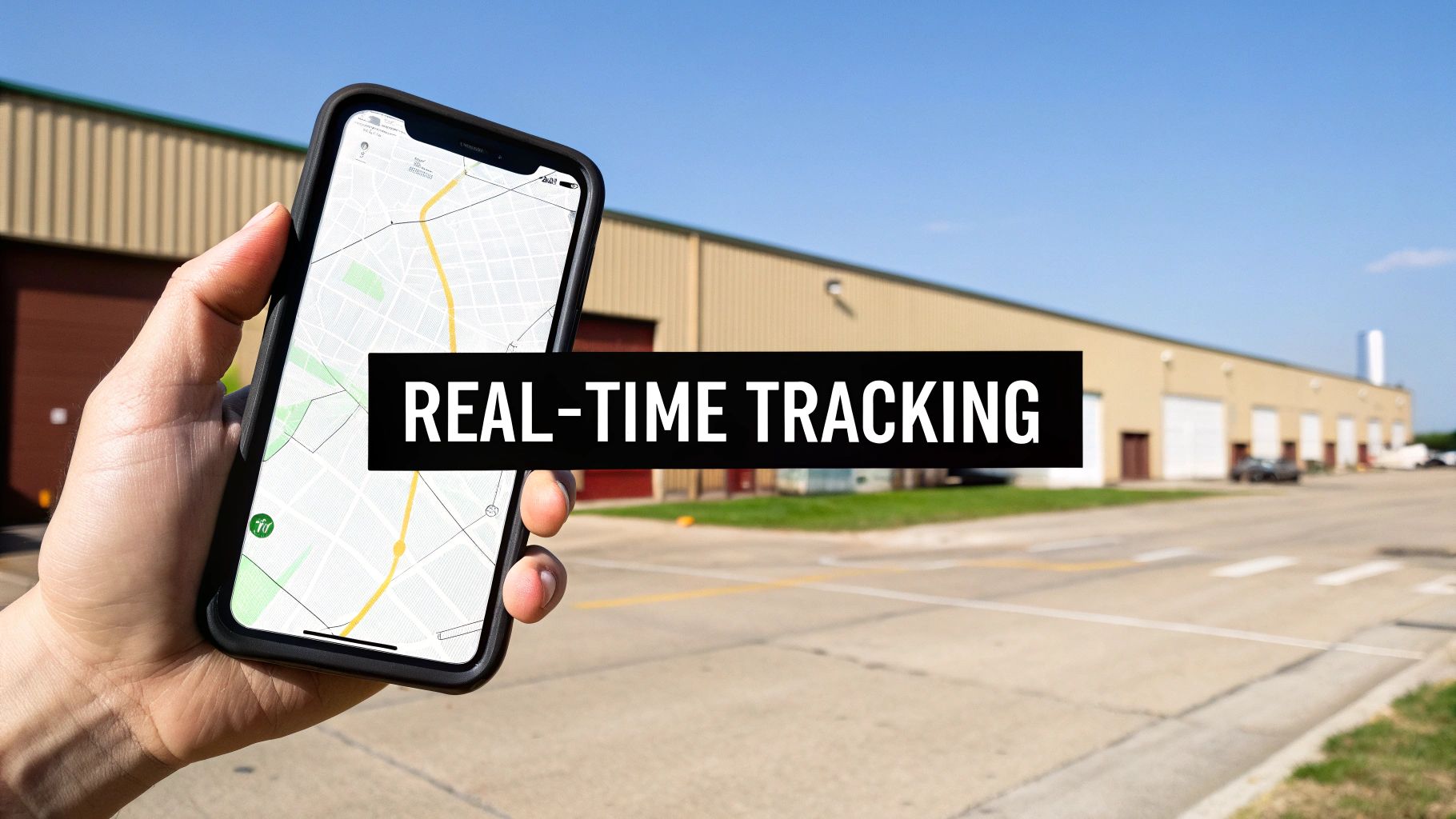 A hand holds a smartphone displaying a map with a highlighted route and the text 'REAL-TIME TRACKING' overlaid.