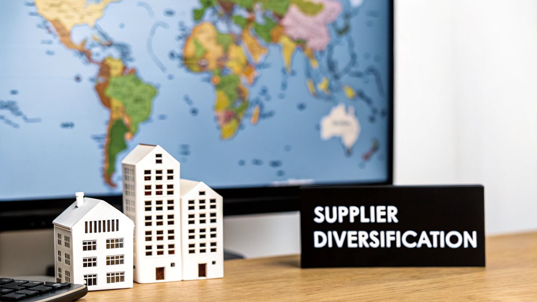 Miniature buildings and 'SUPPLIER DIVERSIFICATION' sign on a desk with a world map background.