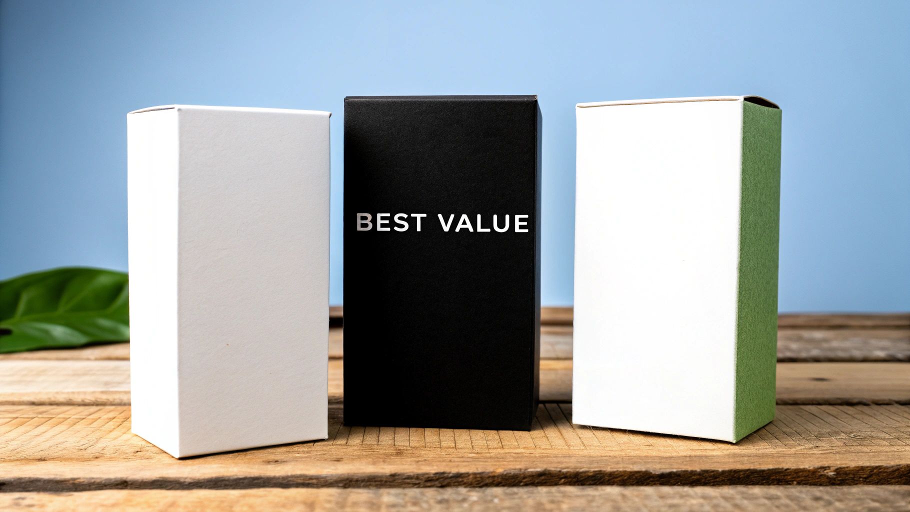 Three product boxes, one black with 'BEST VALUE' prominently displayed, flanked by two white boxes on a wooden table.