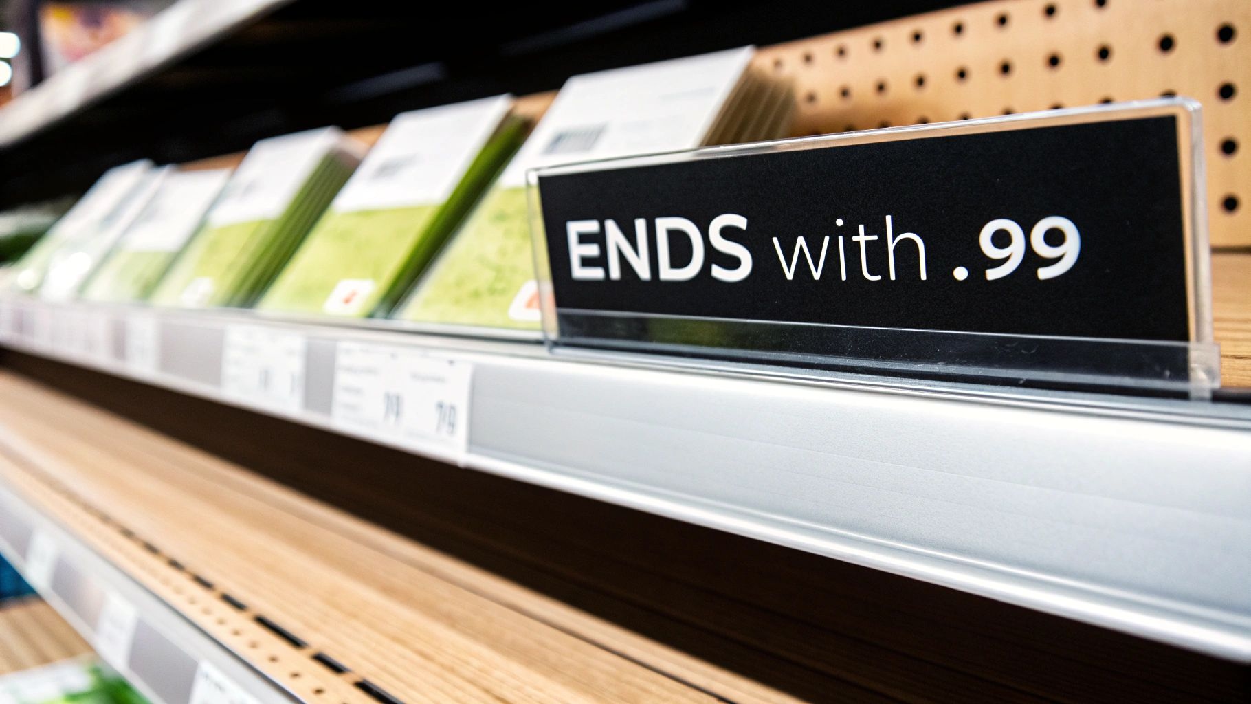 A retail shelf display featuring a black sign stating 'ENDS with .99' next to products.