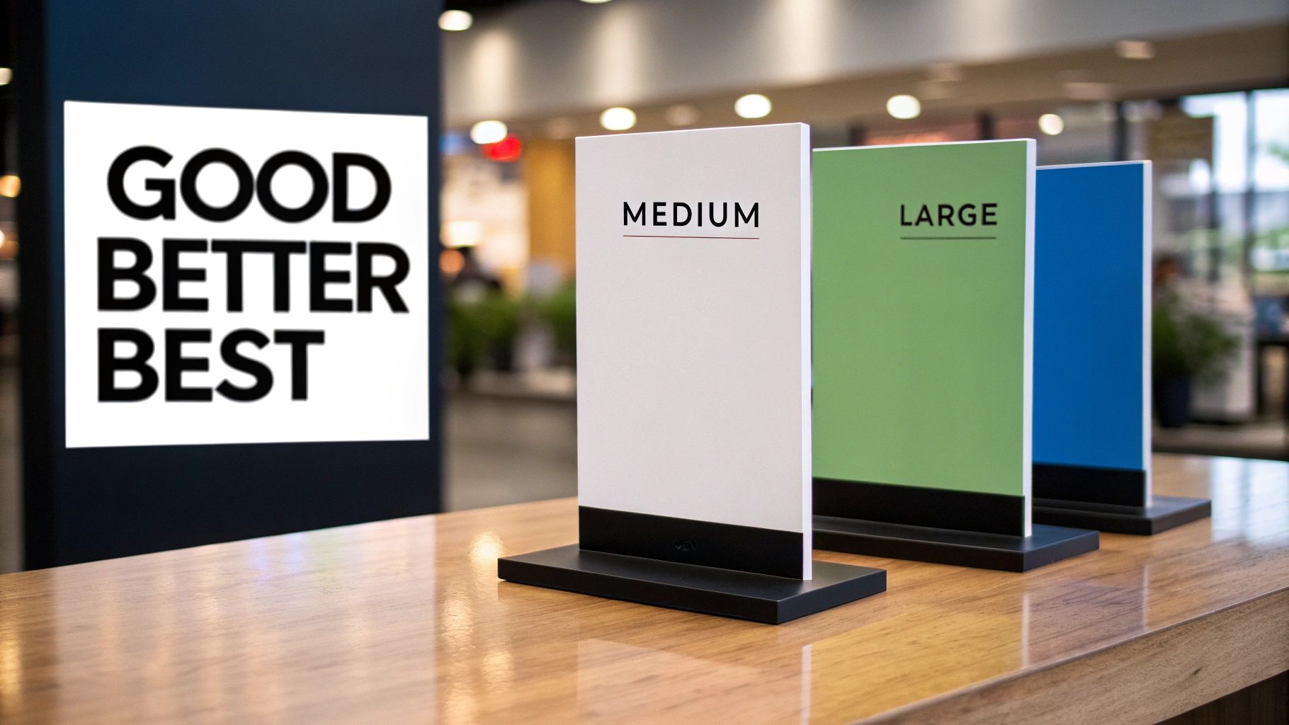 Three product tier signs labeled 'MEDIUM' and 'LARGE' on a wooden table, with 'GOOD BETTER BEST' in background.