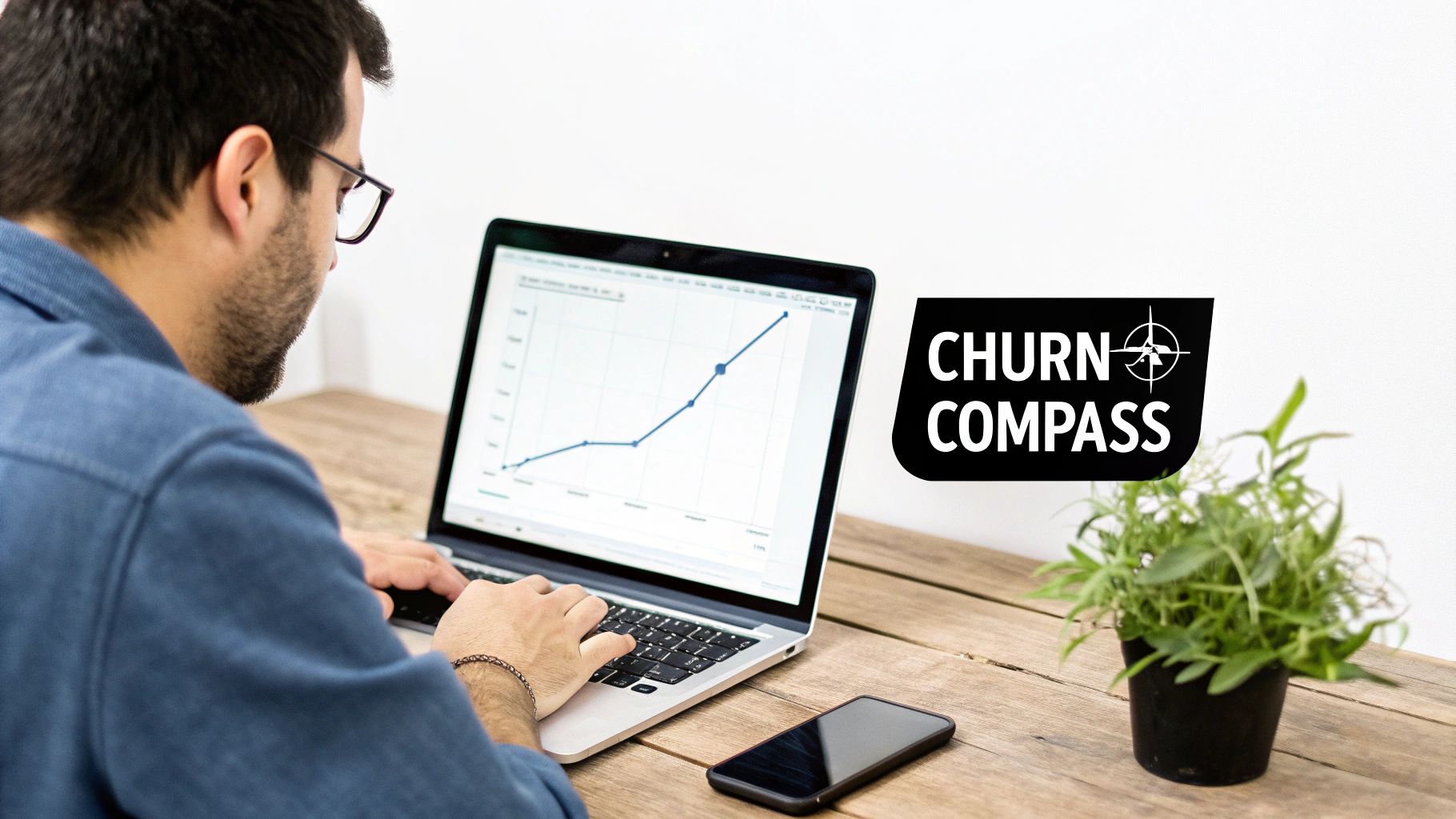 Man in glasses working on a laptop displaying a growth chart, with a smartphone and plant on a wooden desk.