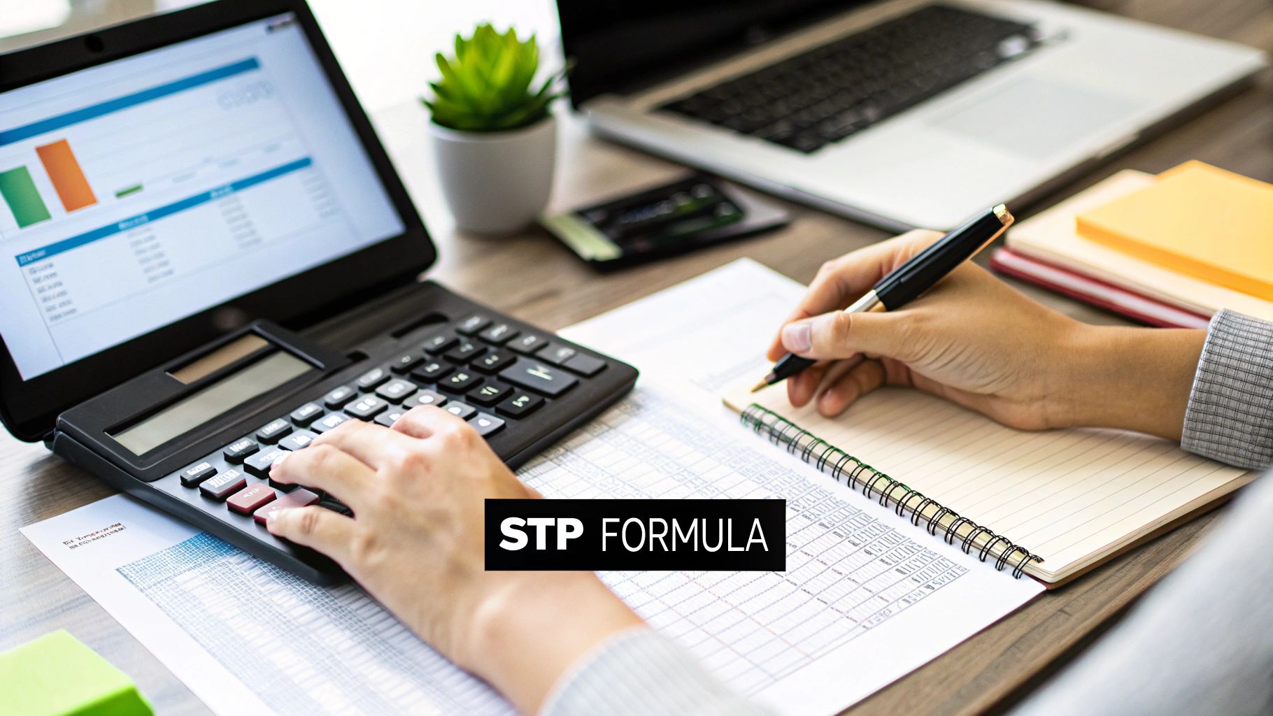 A person uses a calculator and writes in a notebook, with a tablet displaying charts and a laptop.