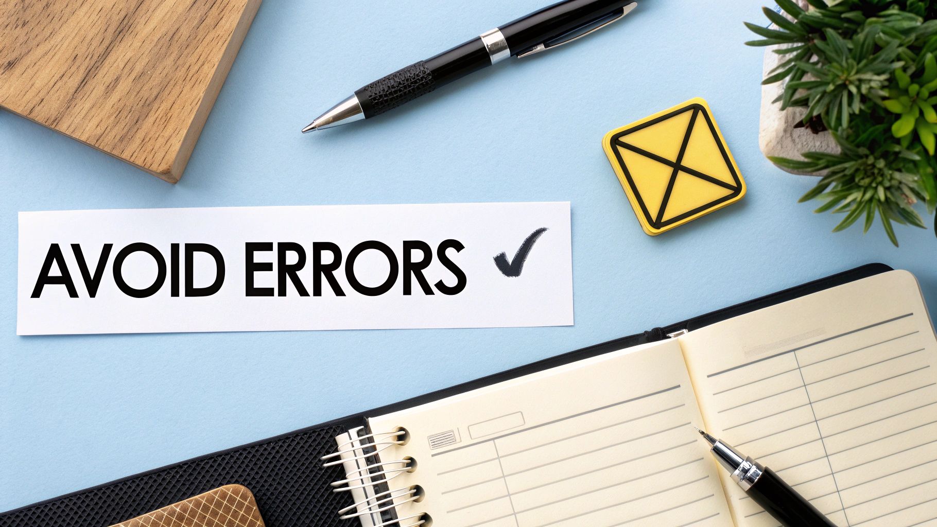 A flat lay of an office desk with a card displaying 'AVOID ERRORS' and a checkmark.