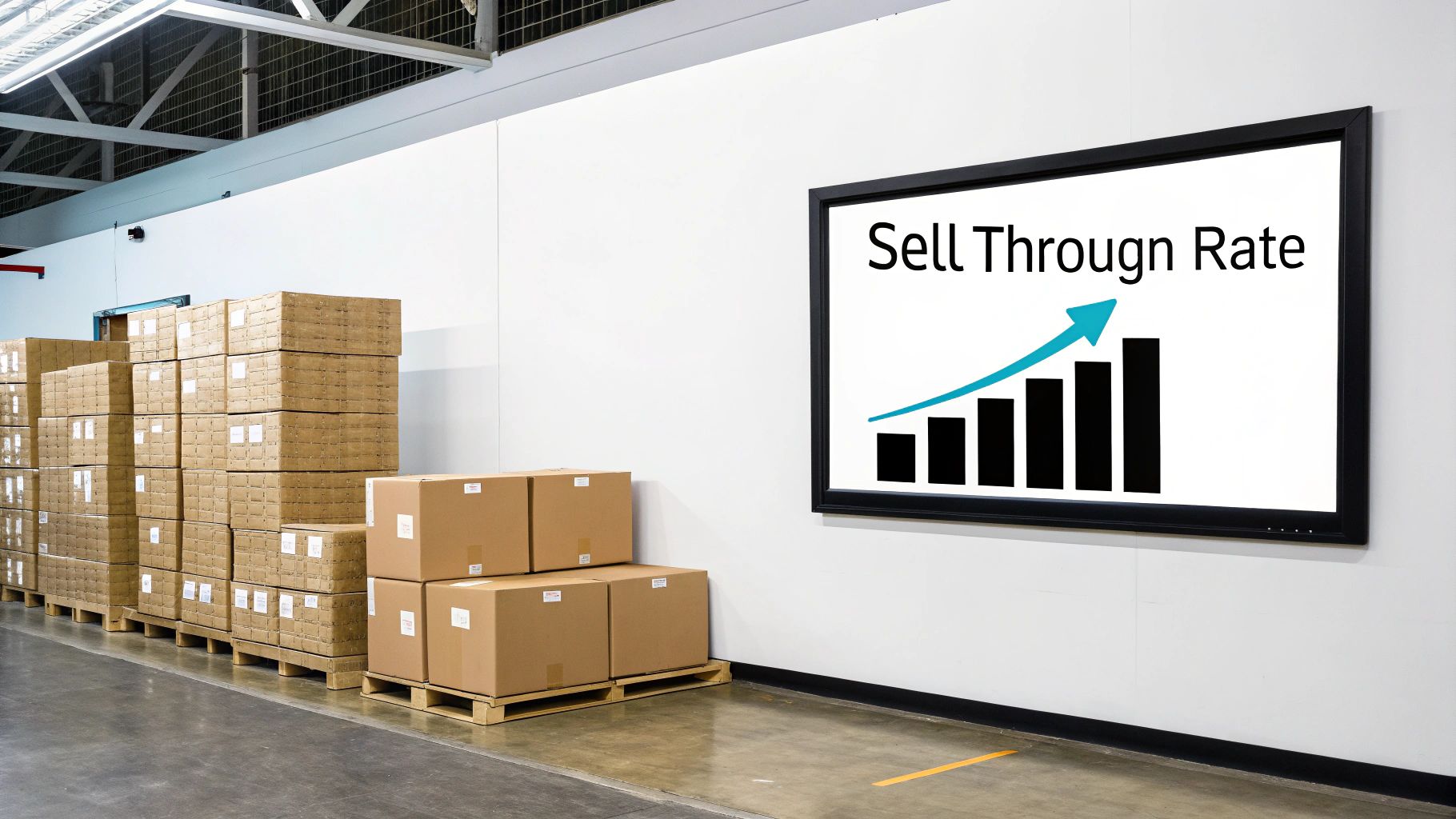 Cardboard boxes stacked on pallets in a warehouse, with a screen displaying a 'Sell Through Rate' growth chart.