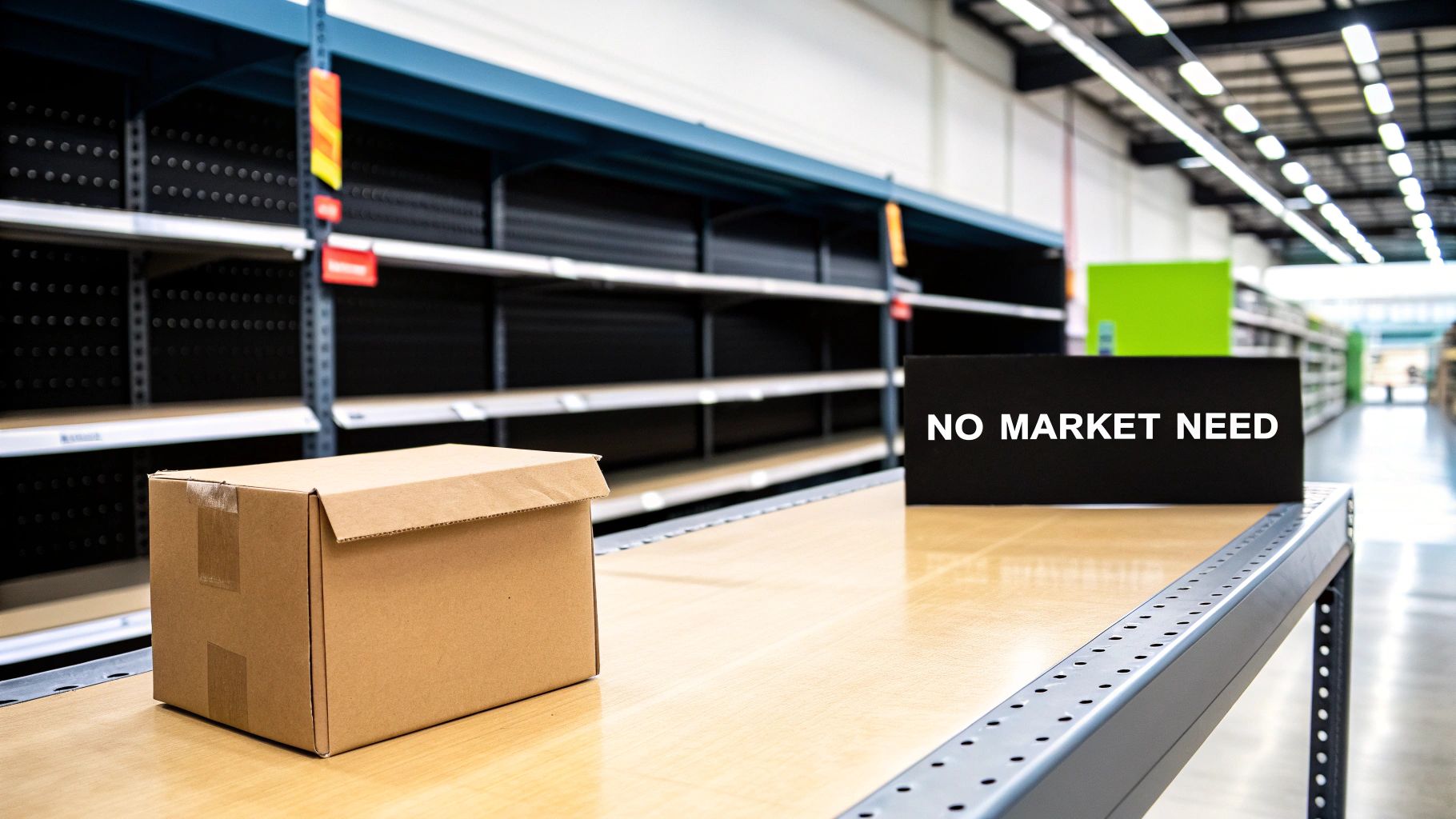 An empty retail aisle with bare shelves, a single cardboard box, and a 'NO MARKET NEED' sign.