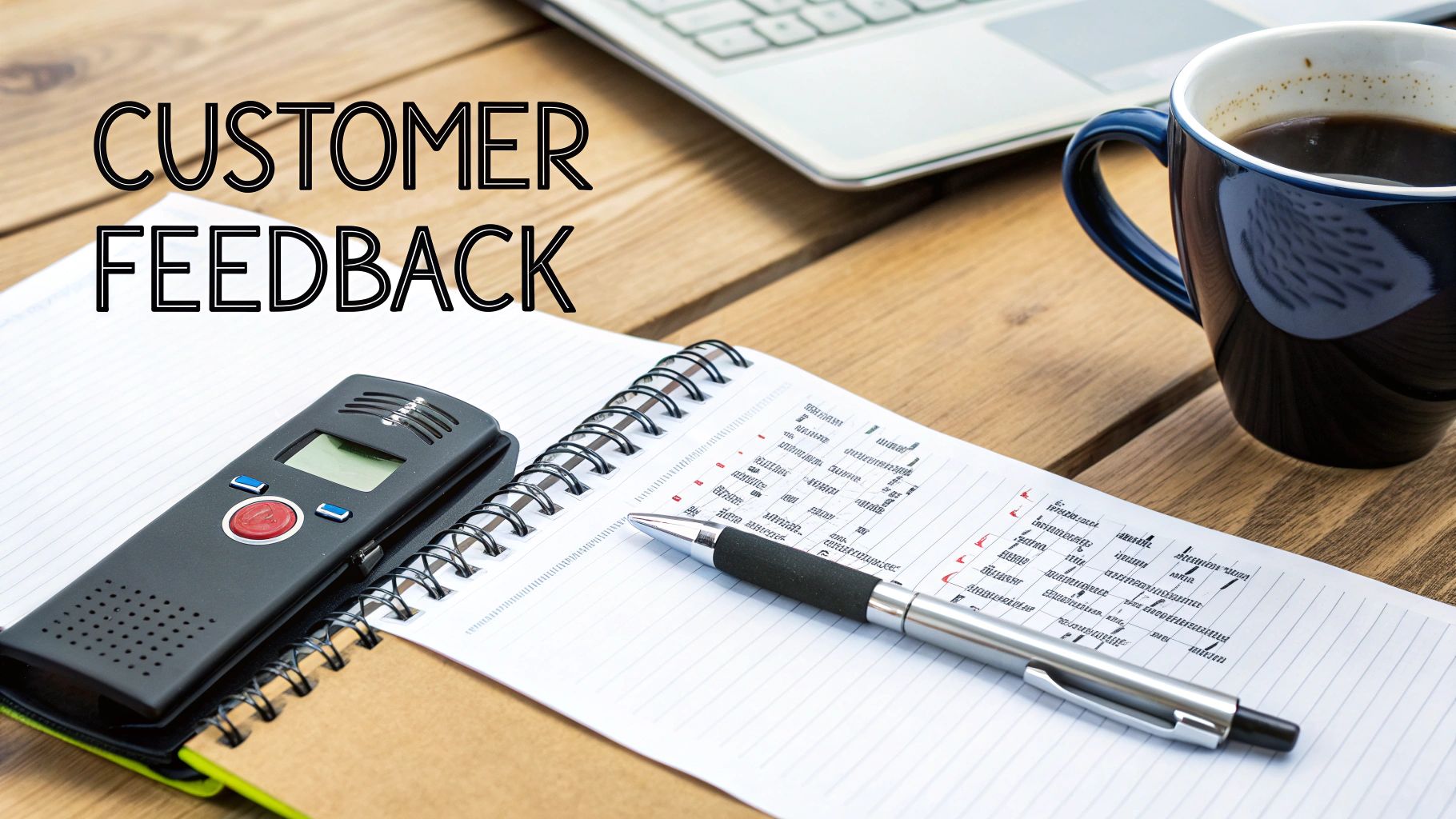 A desk setup with a voice recorder, notebook, pen, laptop, and coffee mug, featuring 'CUSTOMER FEEDBACK' text.