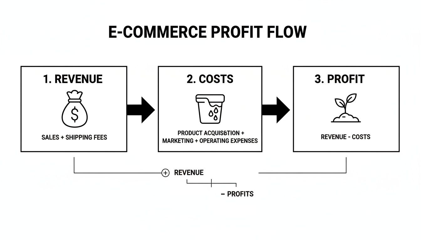 An infographic illustrating the e-commerce profit flow, detailing revenue, costs, and profit calculation steps.