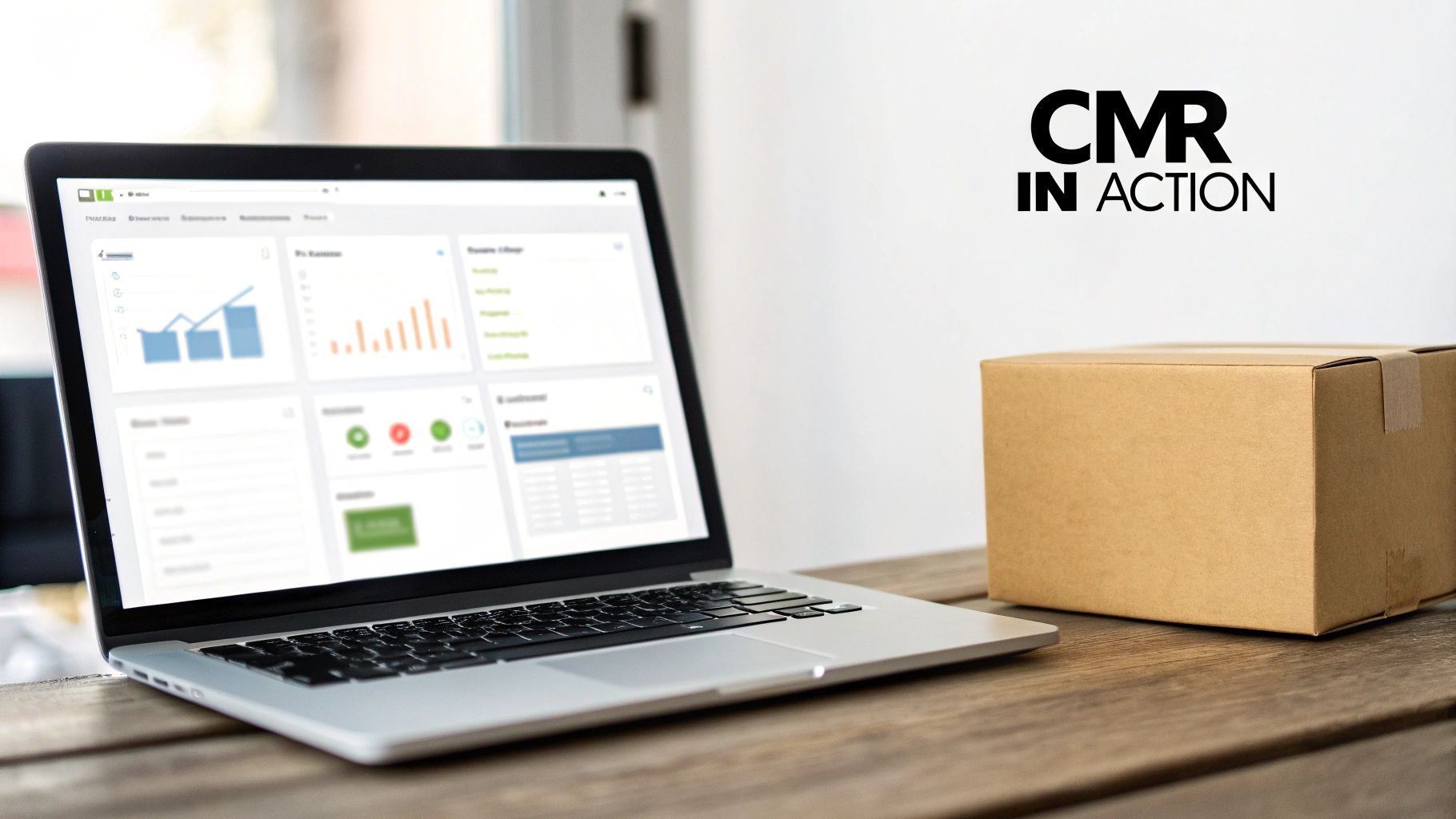 A laptop displaying business dashboards and charts next to a cardboard box on a wooden table, with 'CMR IN ACTION' text.