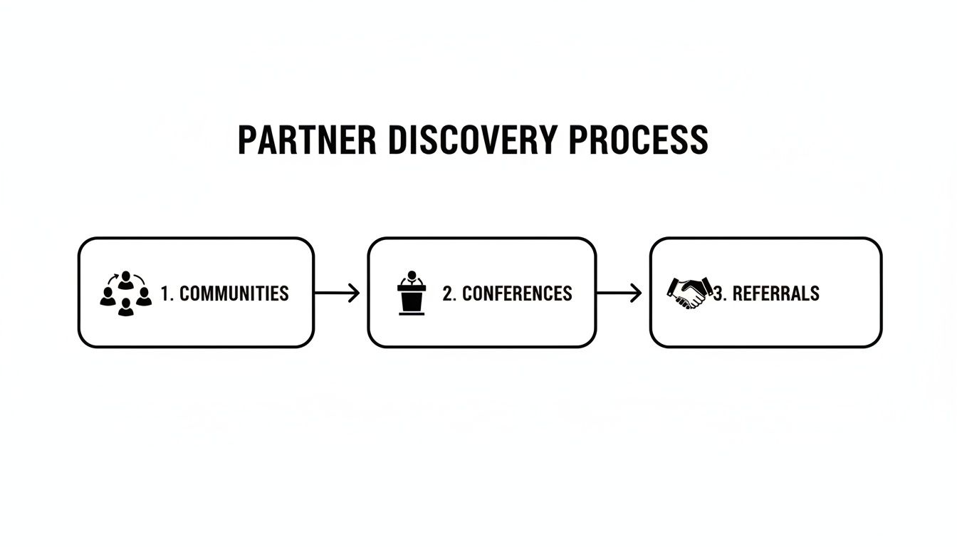 Flowchart illustrating the Partner Discovery Process, including Communities, Conferences, and Referrals as key steps.