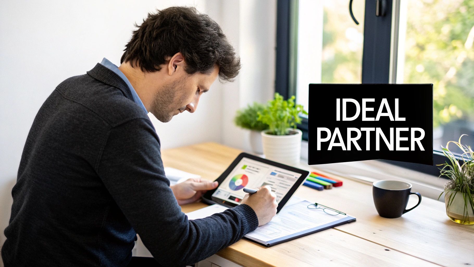 A man works on a tablet displaying charts, with an 'IDEAL PARTNER' sign visible in the background.