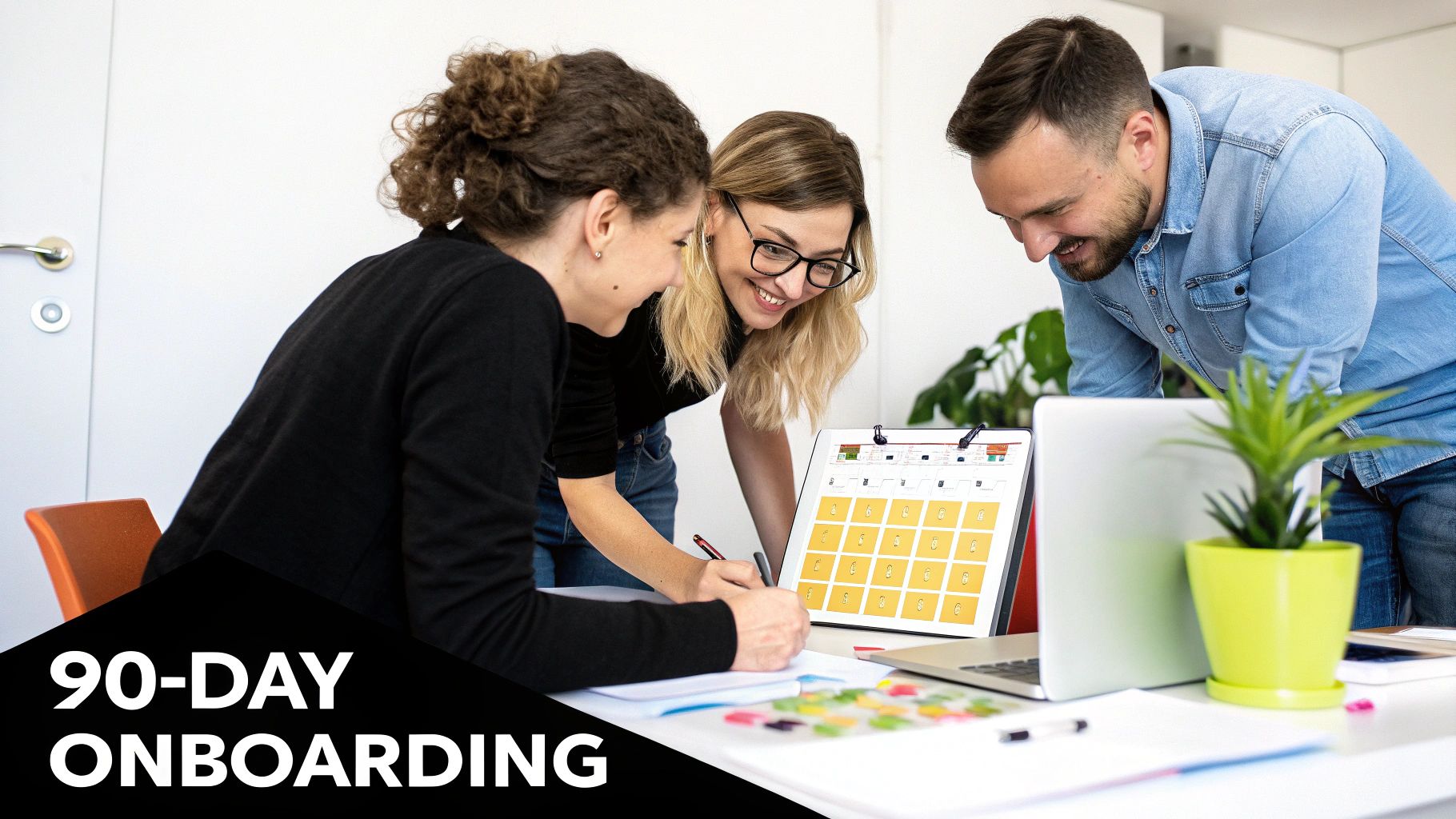 Team of three diverse colleagues collaborating on a 90-day onboarding task at a desk.