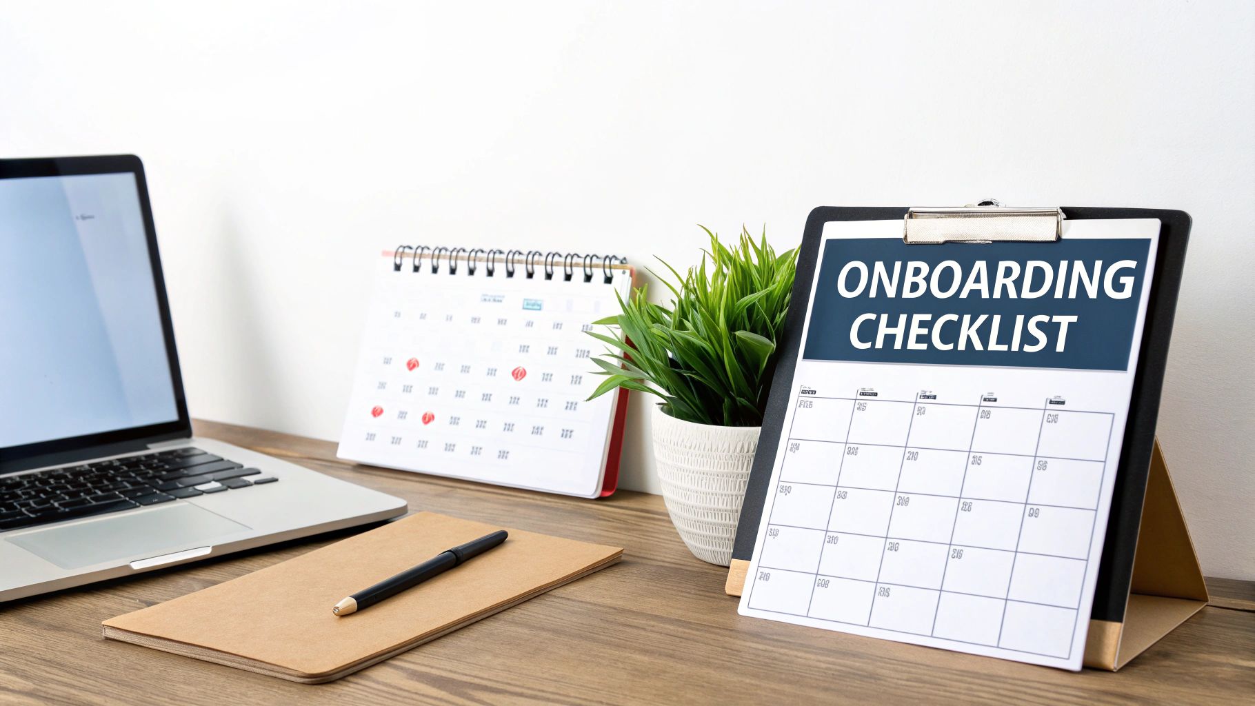 An office desk with a laptop, calendar, plant, and an 'ONBOARDING CHECKLIST' document.