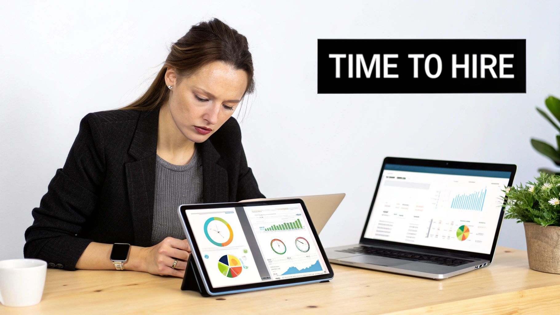 Woman analyzing hiring data on a tablet and laptop, with a "TIME TO HIRE" banner.