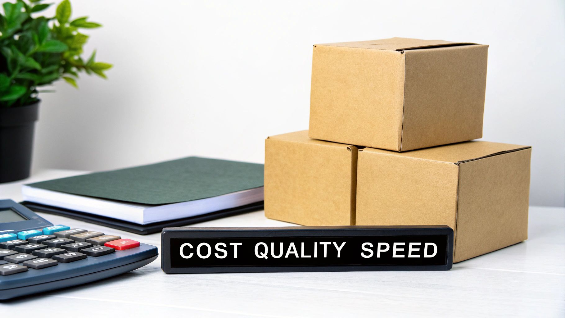A desk with a calculator, cardboard boxes, and a sign displaying 'COST QUALITY SPEED'.